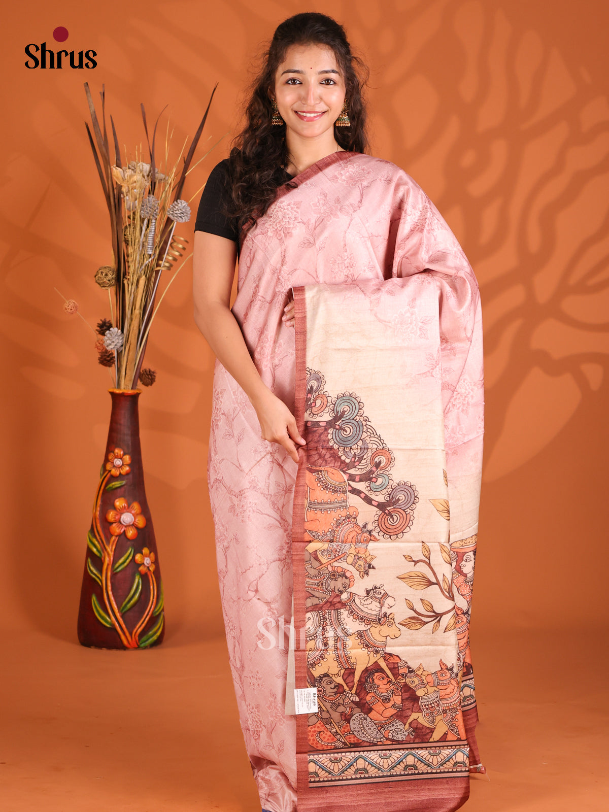 Pink & Brown- Butter silk Saree - Shop on Shrus.com