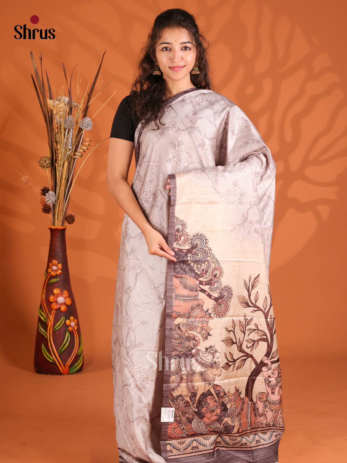 Cream & Brown - Butter silk Saree