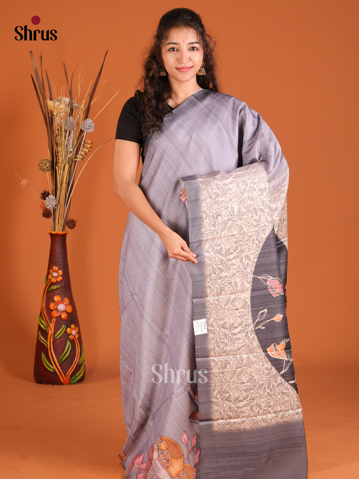 Grey - Butter silk Saree - Shop on Shrus.com