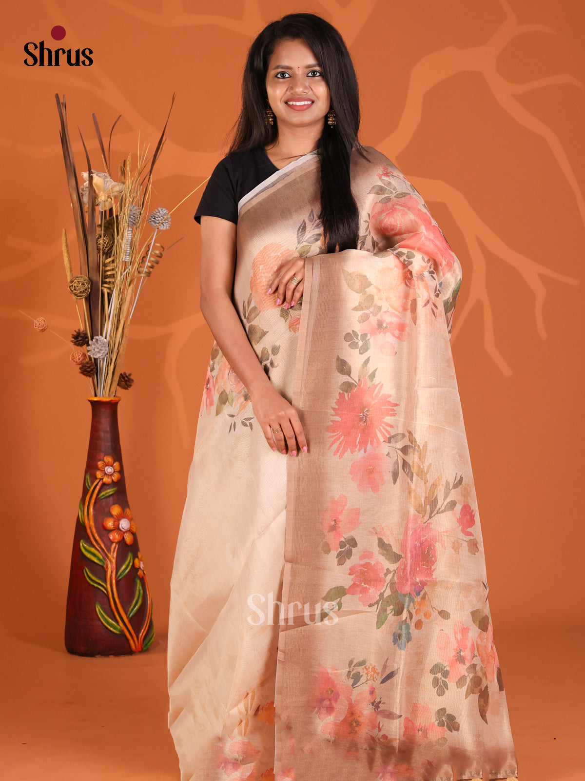 Cream & Brown - Semi Tissue Print Saree