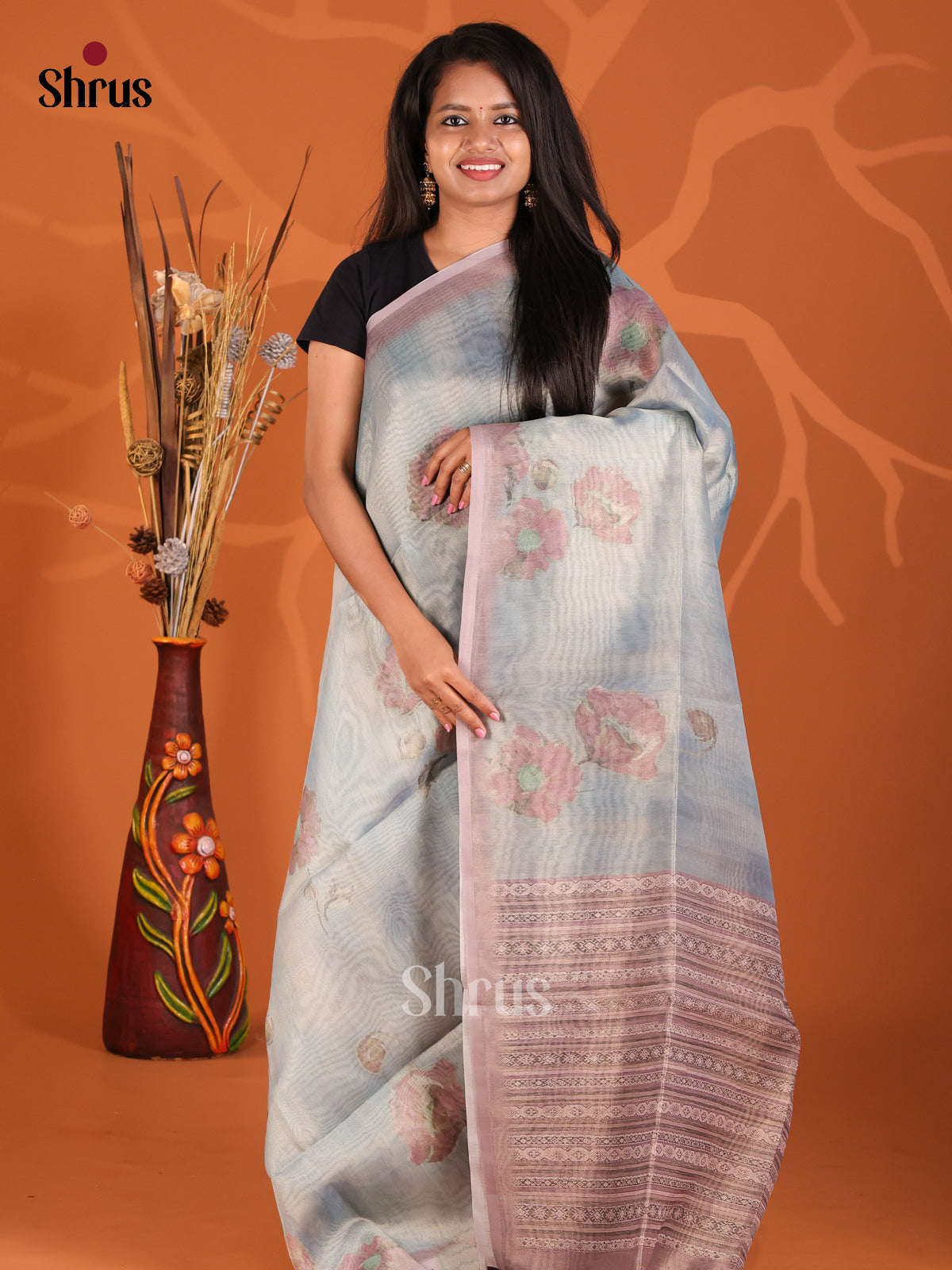 Blue - Semi Tissue Print Saree