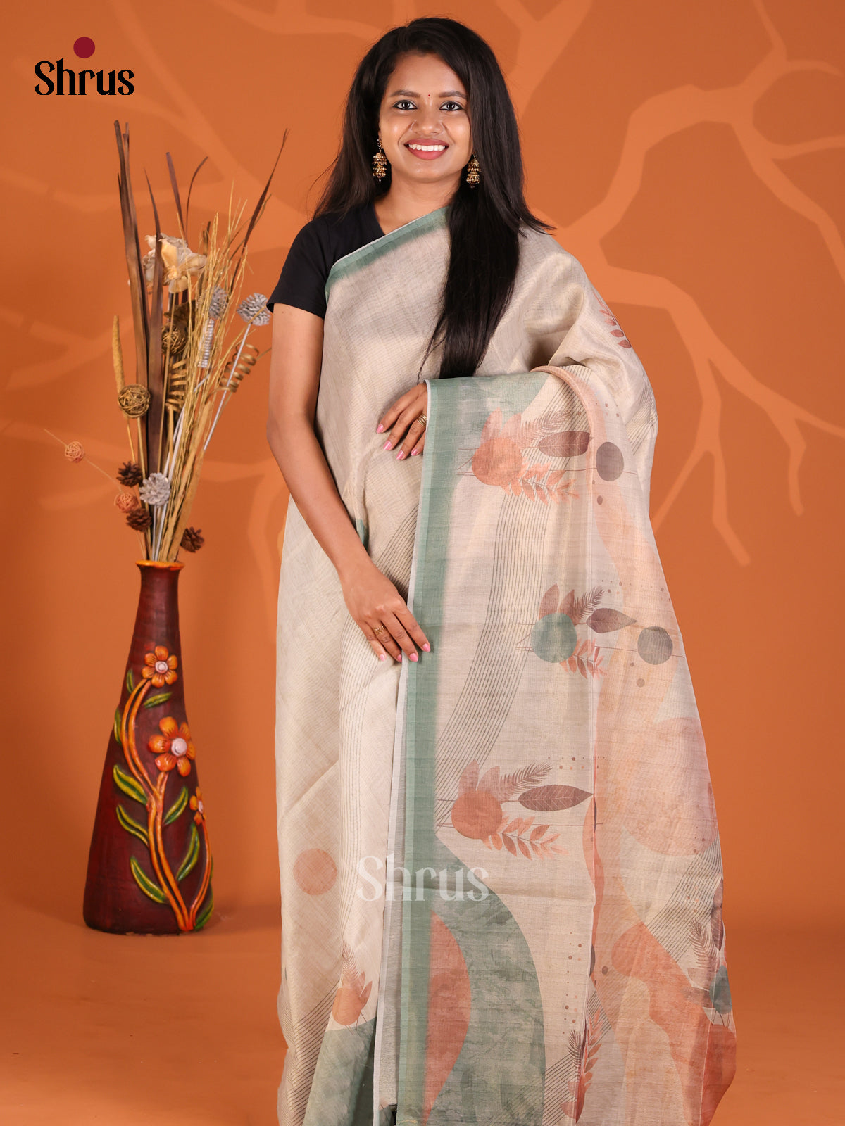 Cream & Green - Semi Tissue Print Saree