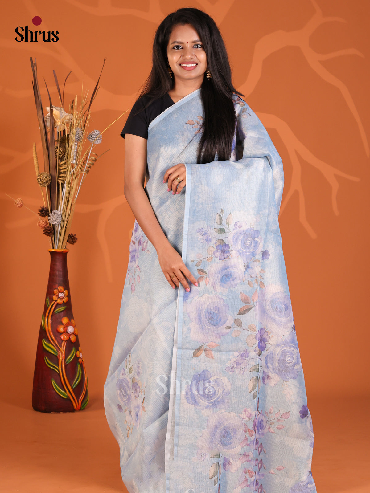 Blue - Semi Tissue Print Saree