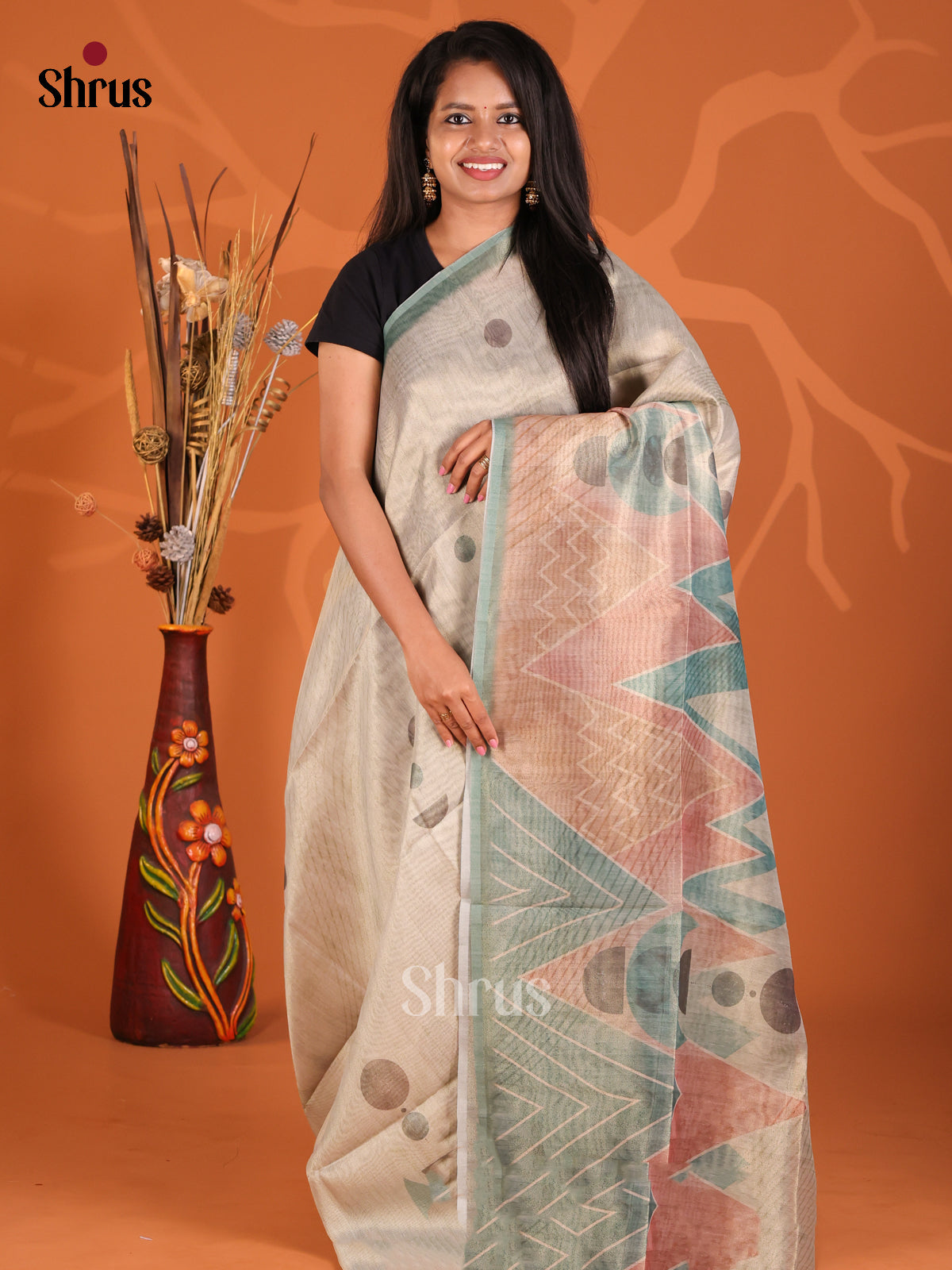 Grey & Green - Semi Tissue Print Saree