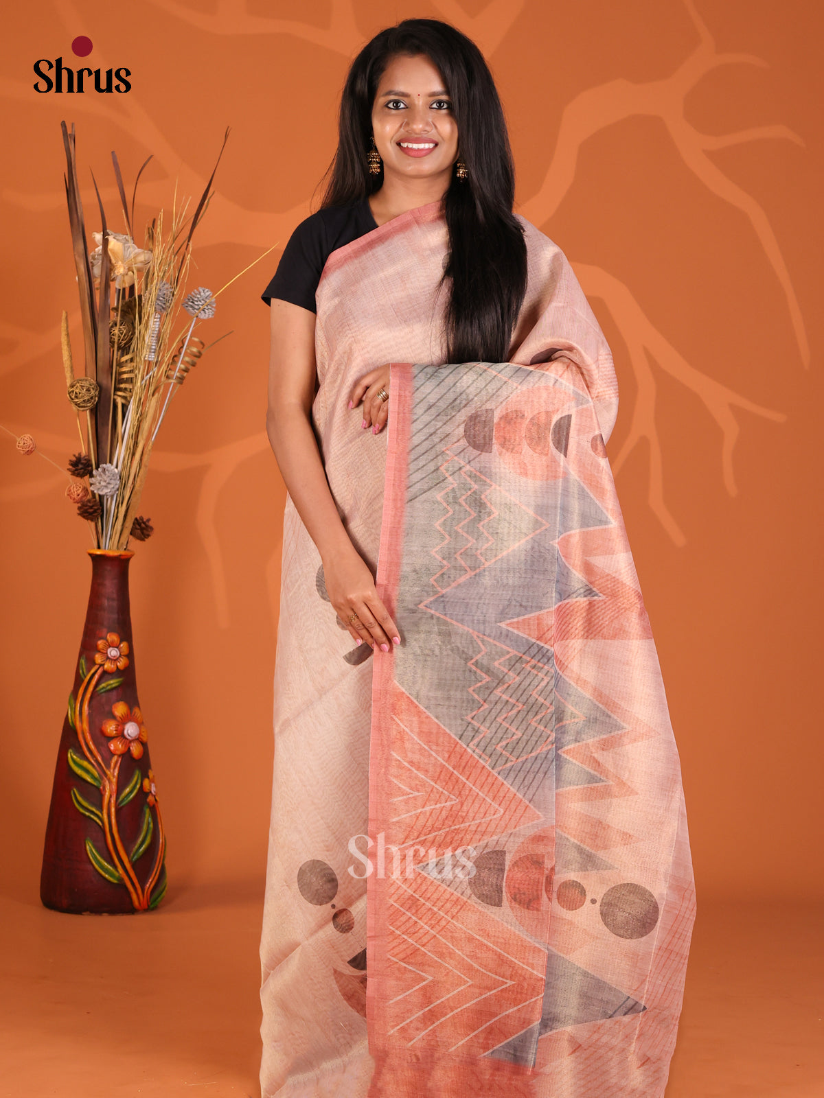 Dusty Pink & Peach - Semi Tissue Print Saree