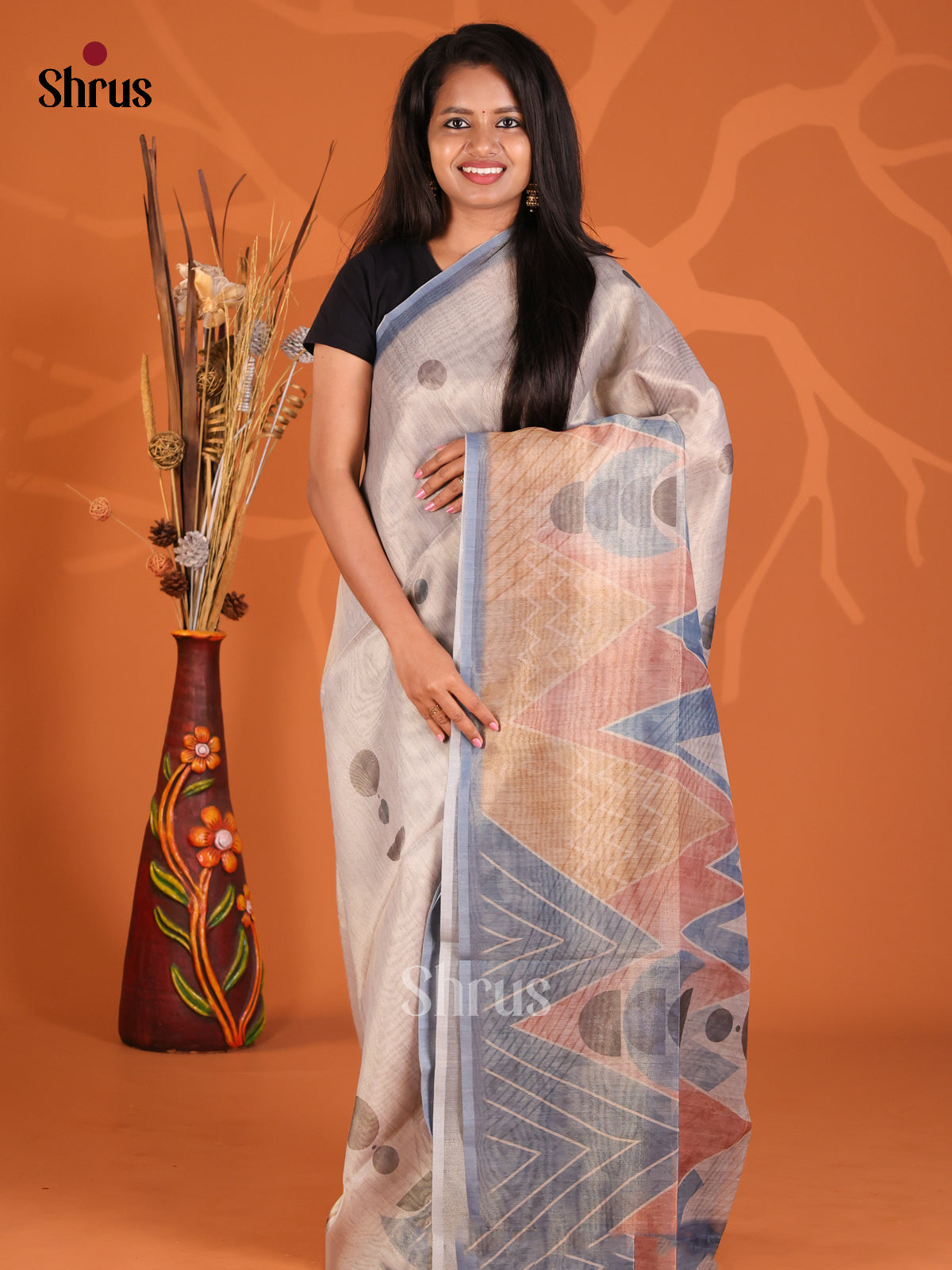 Cream & Blue - Semi Tissue Print Saree