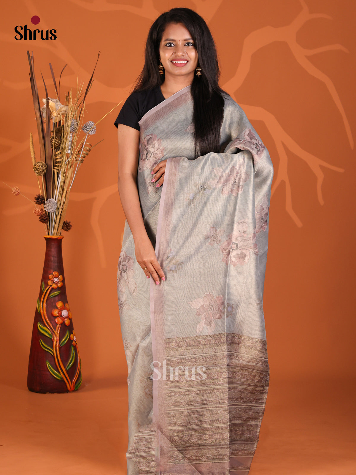 Grey & Brown- Semi Tissue Print Saree