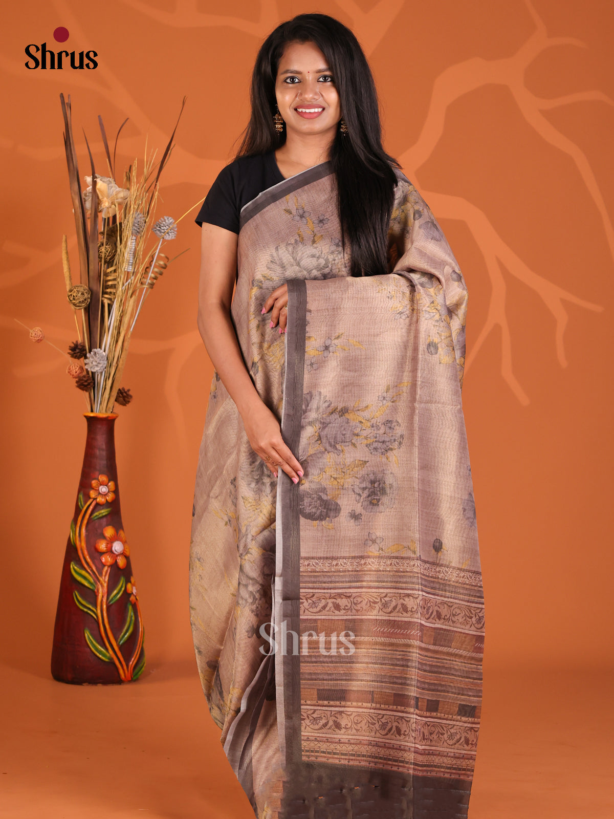 Brown- Semi Tissue Print Saree