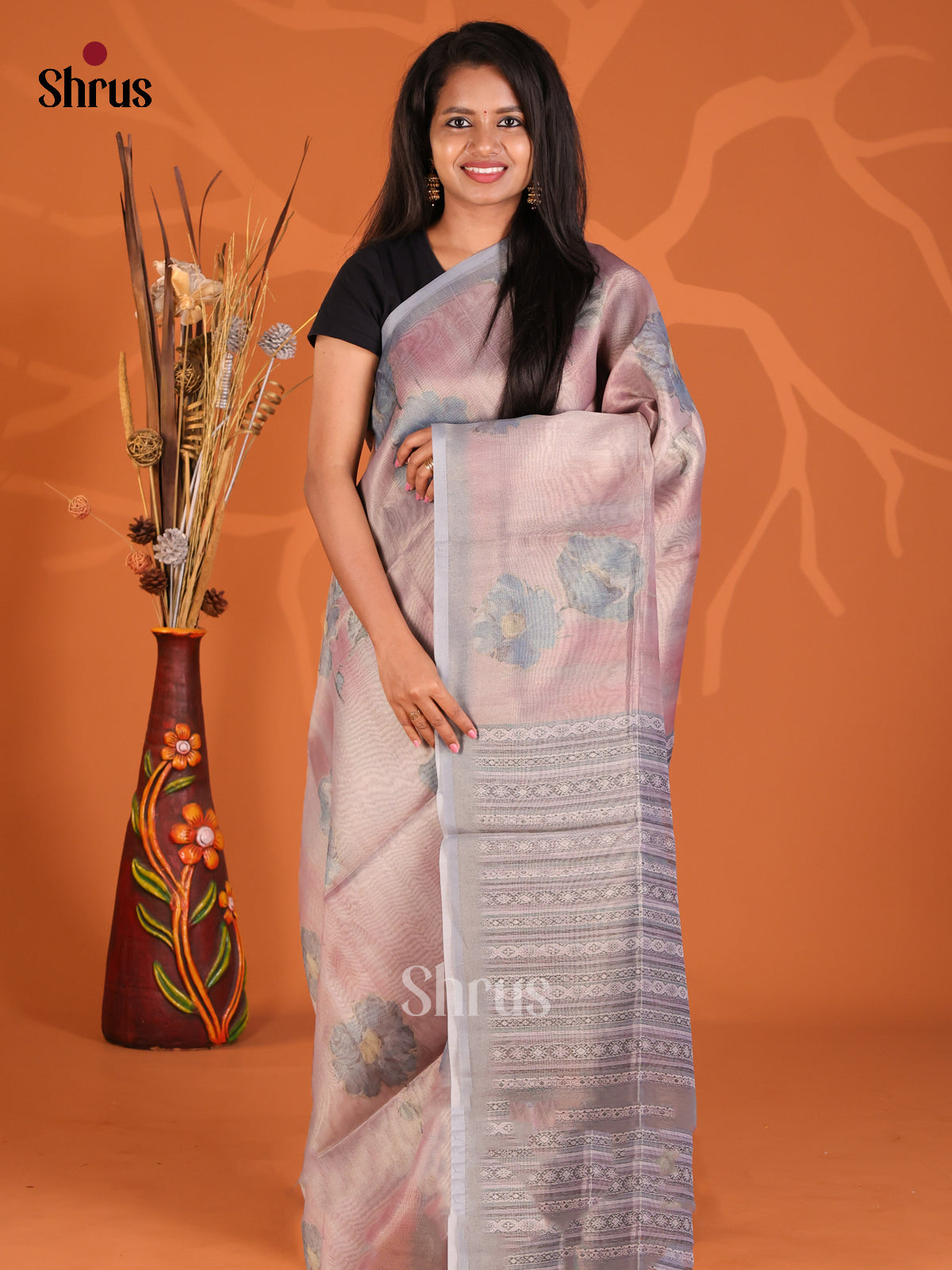 Pink & Grey - Semi Tissue saree