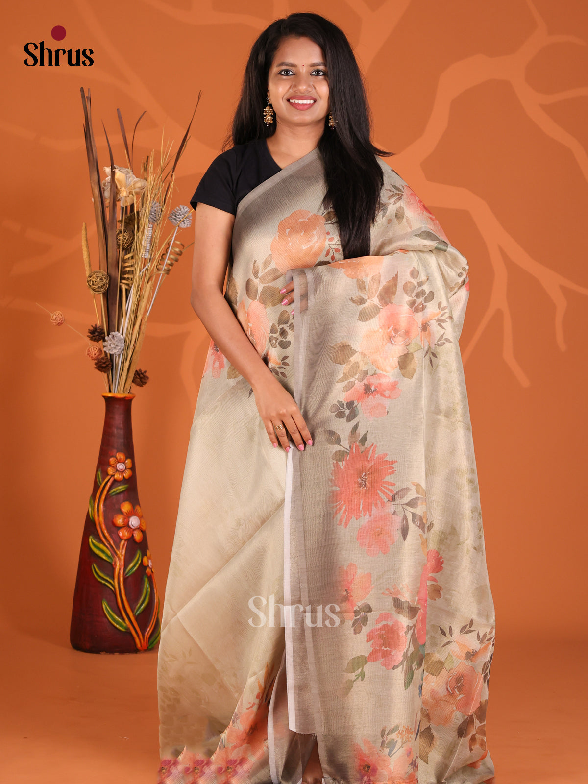 Grey - Semi Tissue Print Saree - Shop on Shrus.com