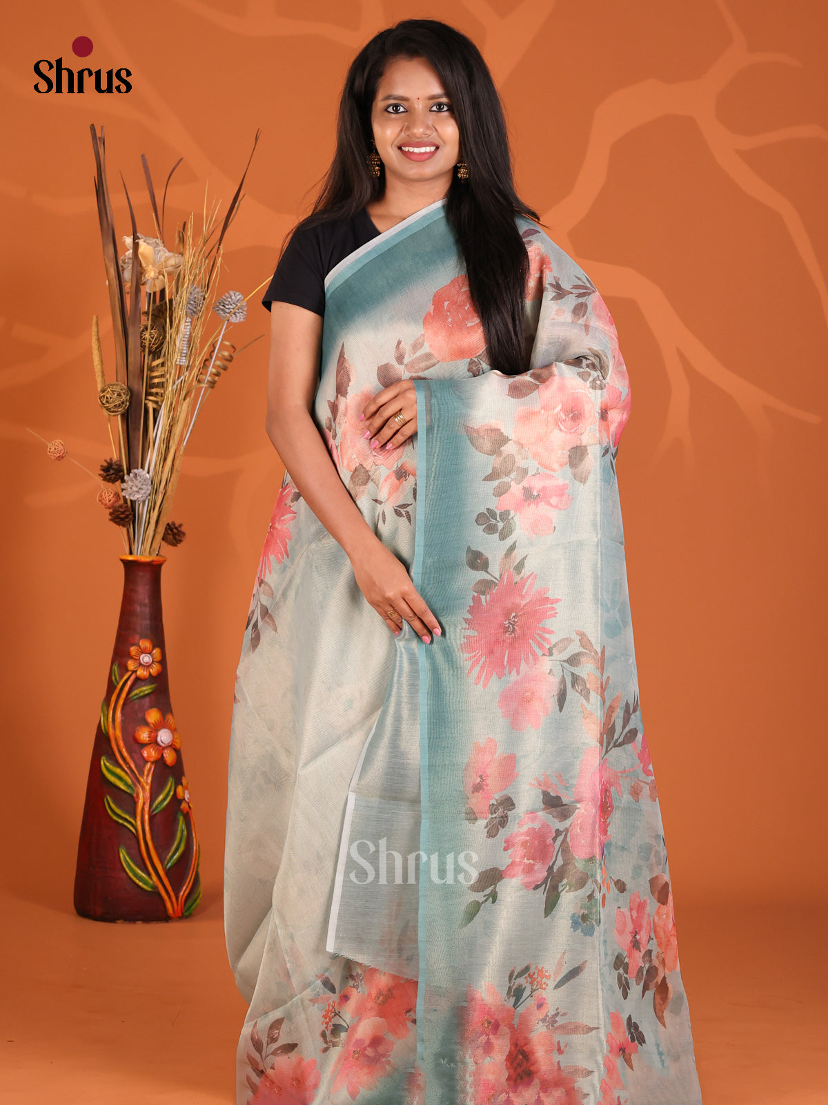 Ice Blue - Semi Tissue Print Saree