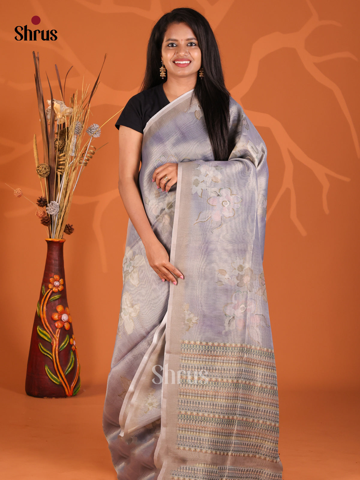 Lavender & Grey- Semi Tissue Print Saree