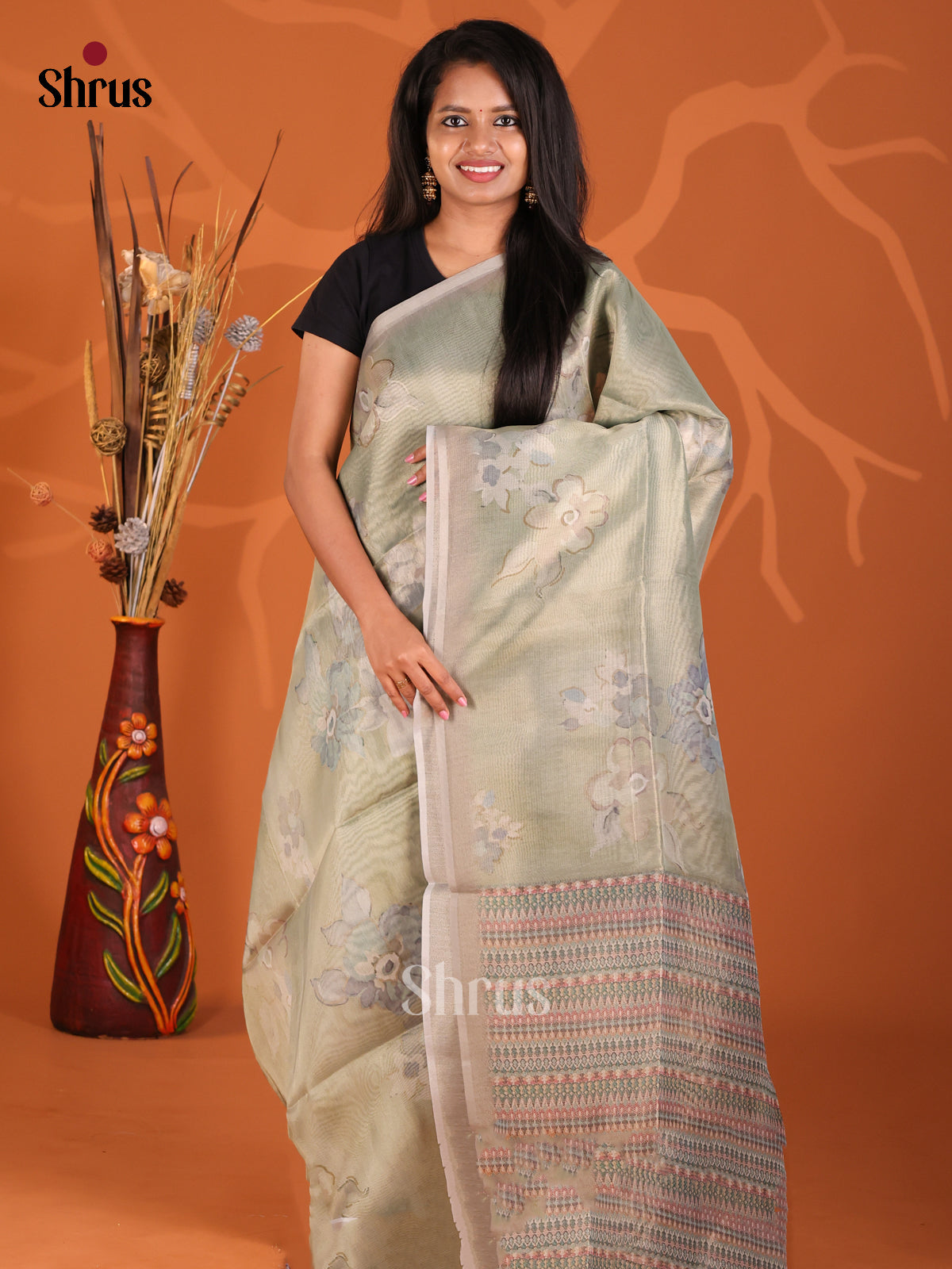Green - Semi Tissue Print Saree