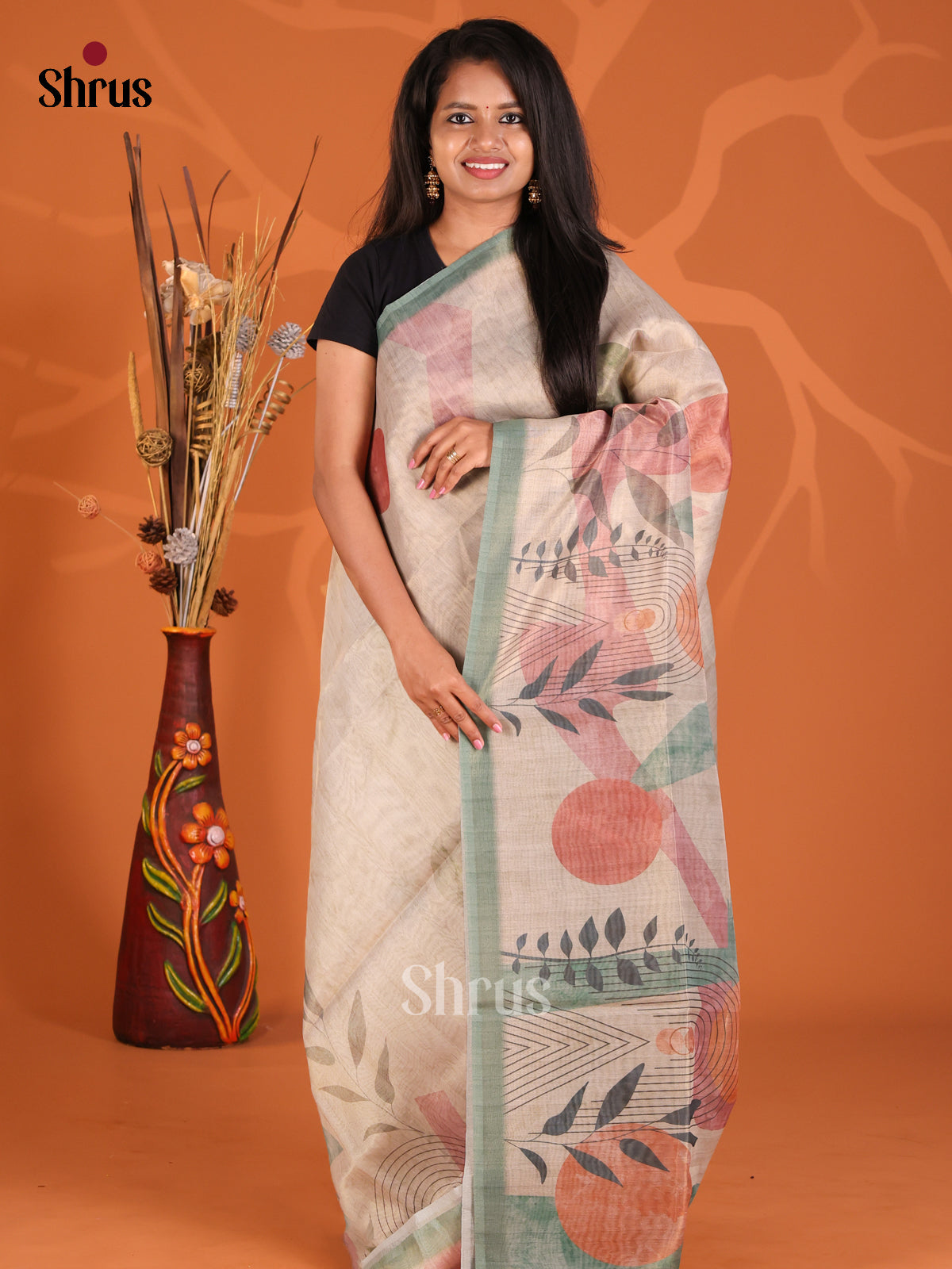 Cream & Green - Semi Tissue Print Saree