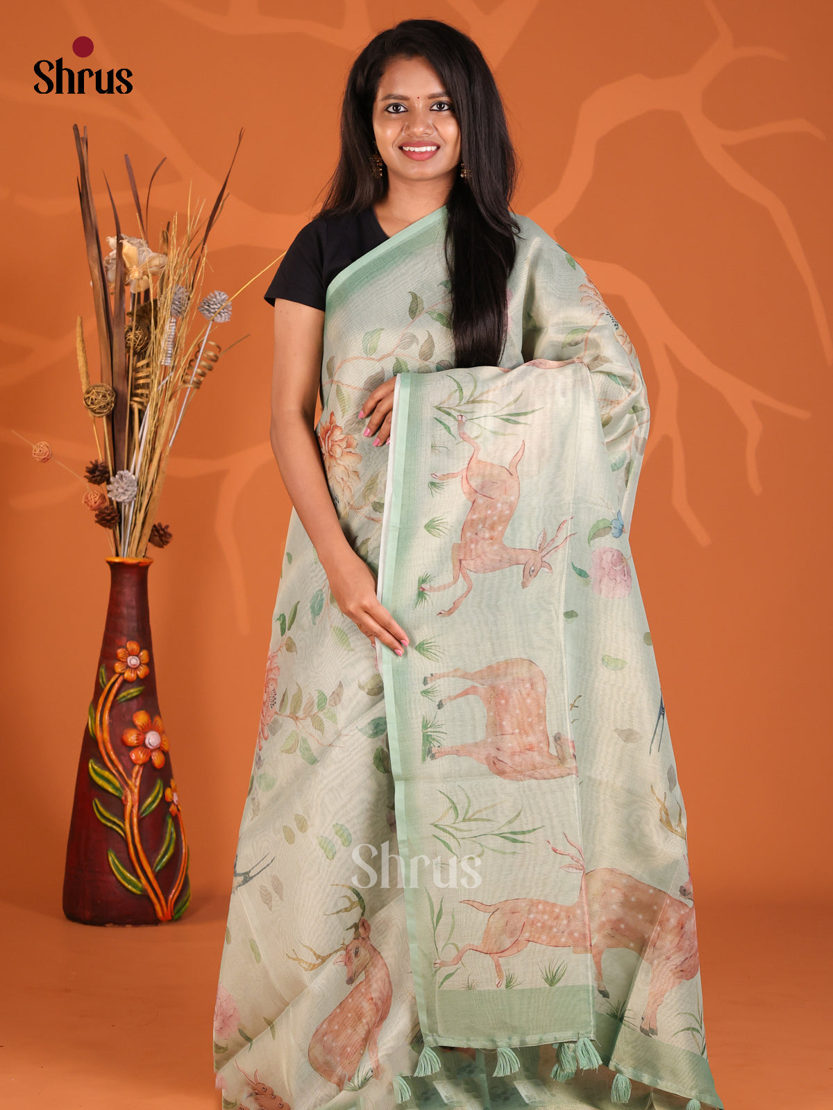 green - Semi Tissue Print Saree - Shop on Shrus.com