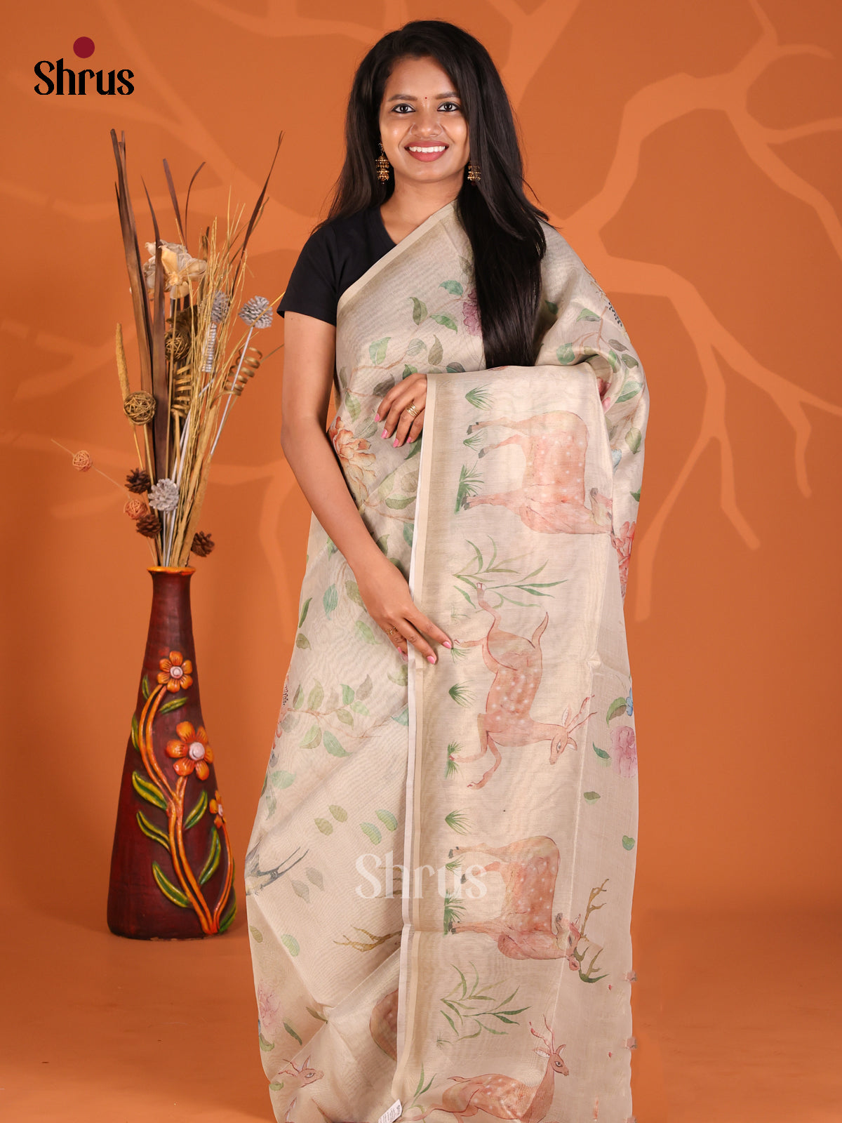 Cream - Semi Tissue Print Saree