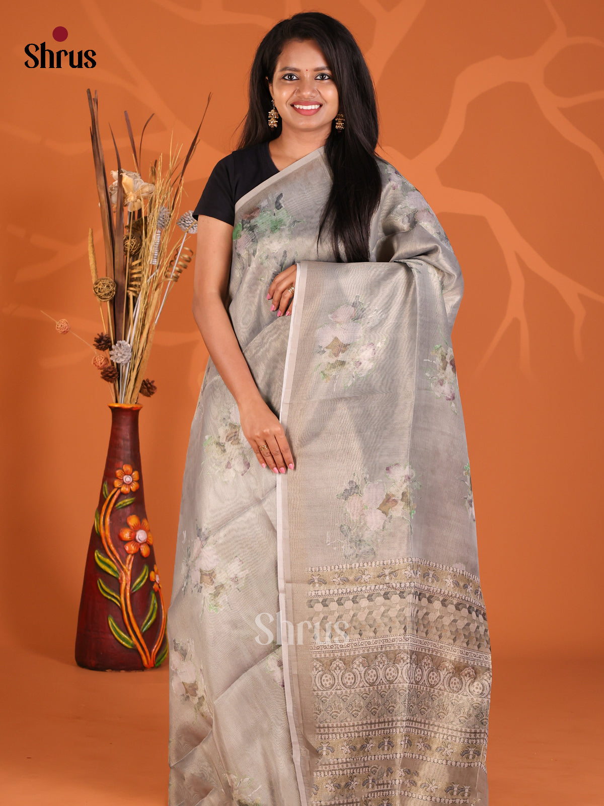 Grey - Semi Tissue Print Saree