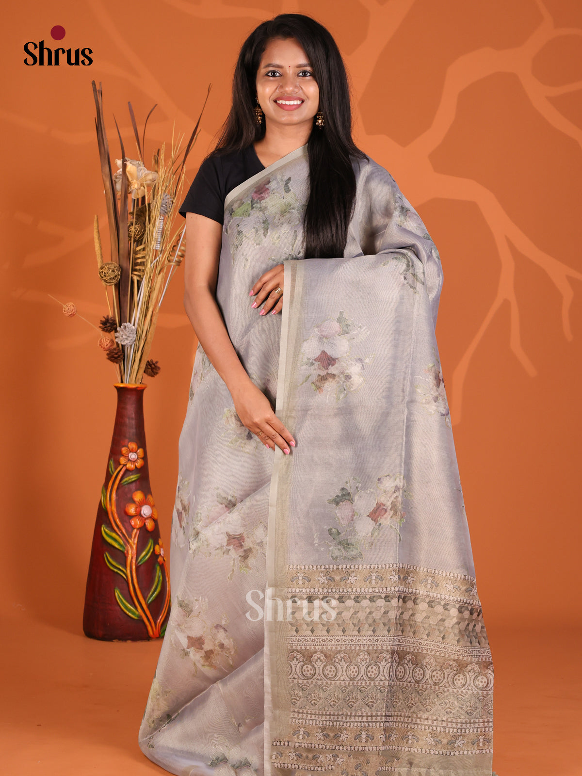 Grey - Semi Tissue Print Saree