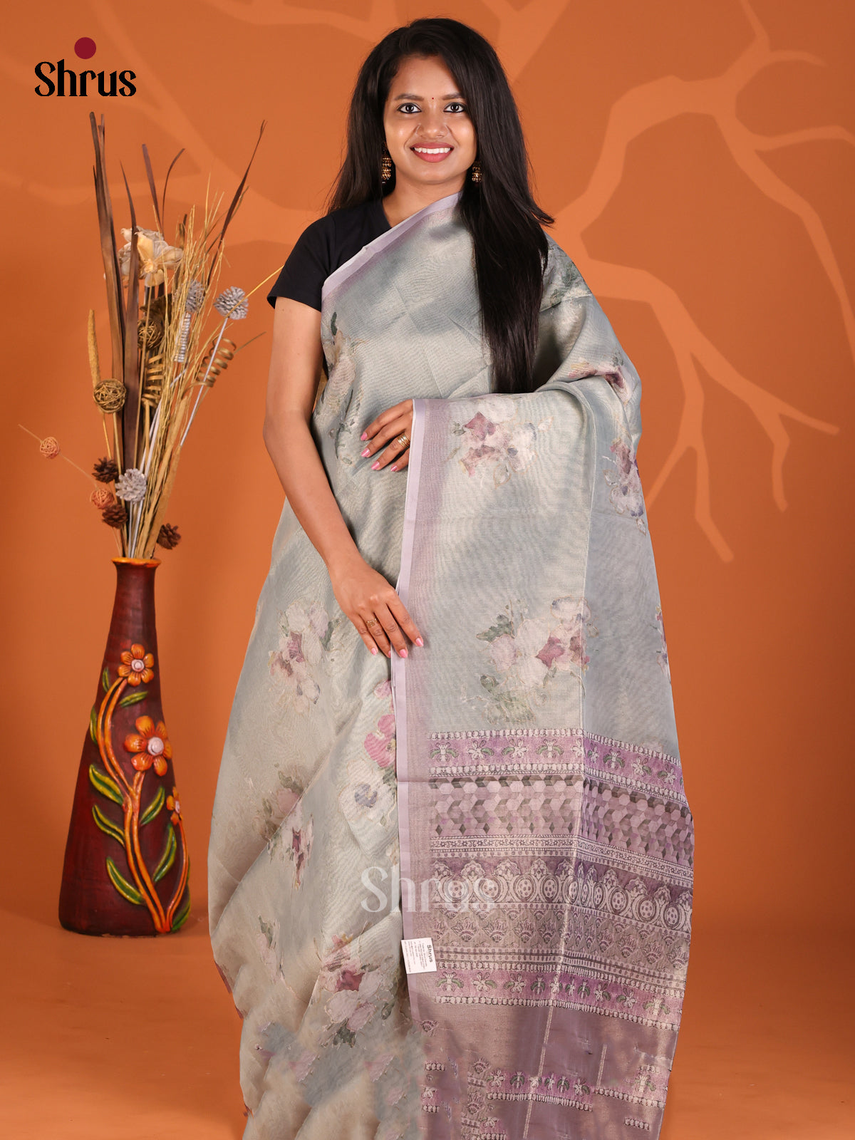 Grey & Lavender- Semi Tissue Print Saree