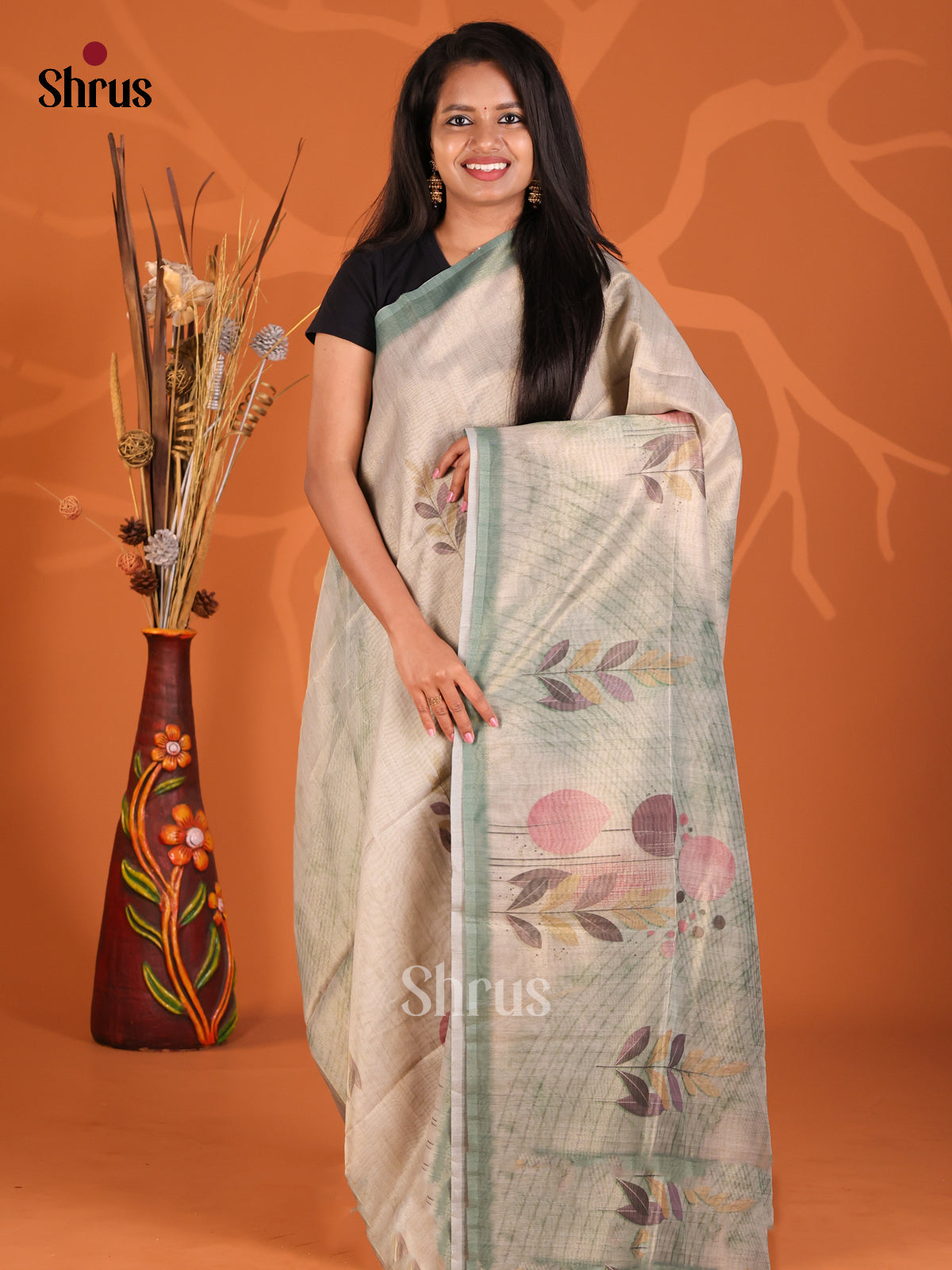 Grey & Green - Semi Tissue Print Saree