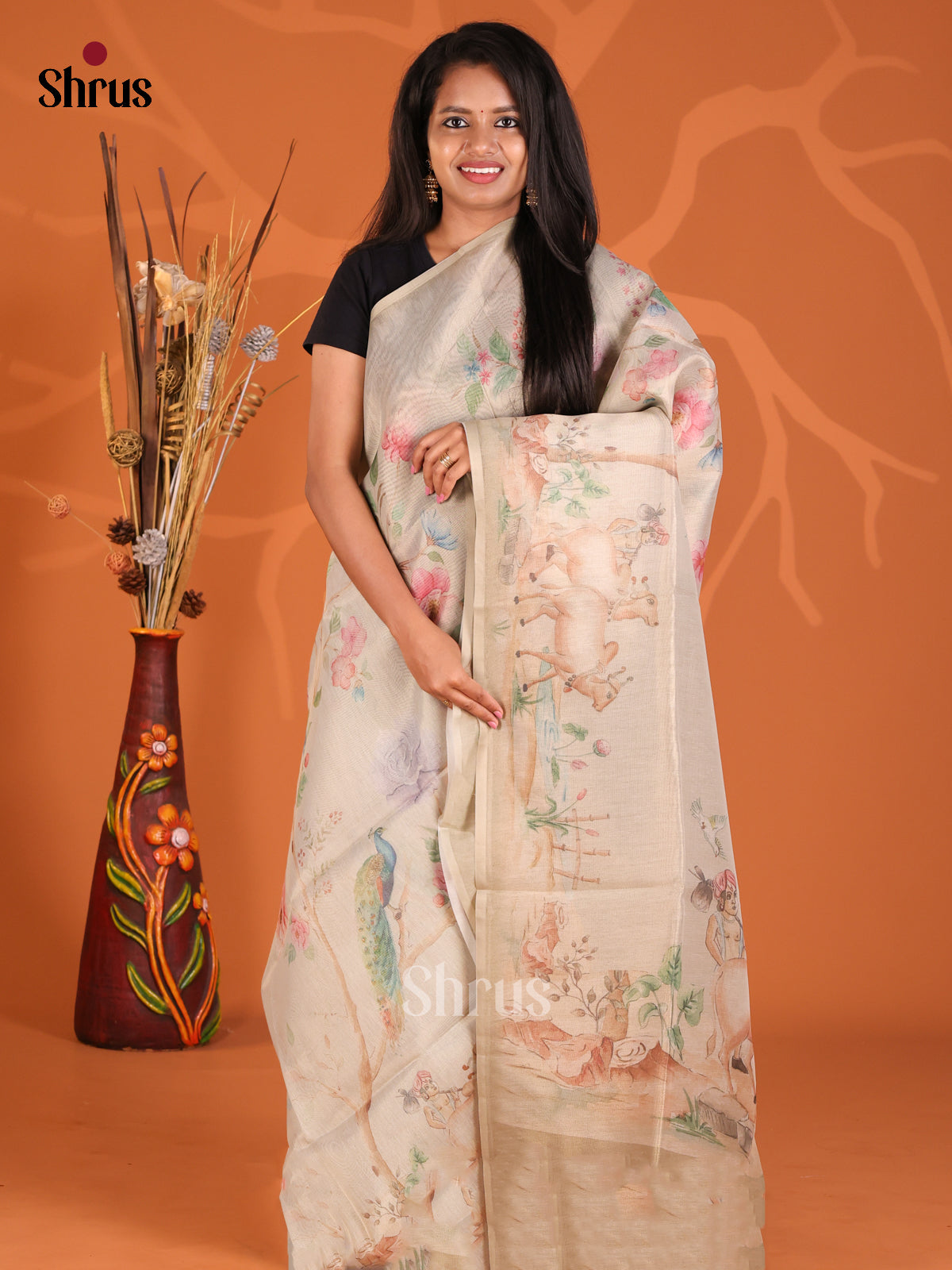 Cream- Semi Tissue saree - Shop on Shrus.com