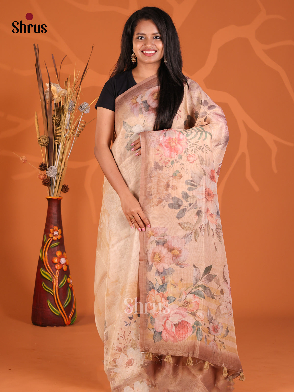 Biscuit & Brown - Semi Tissue saree