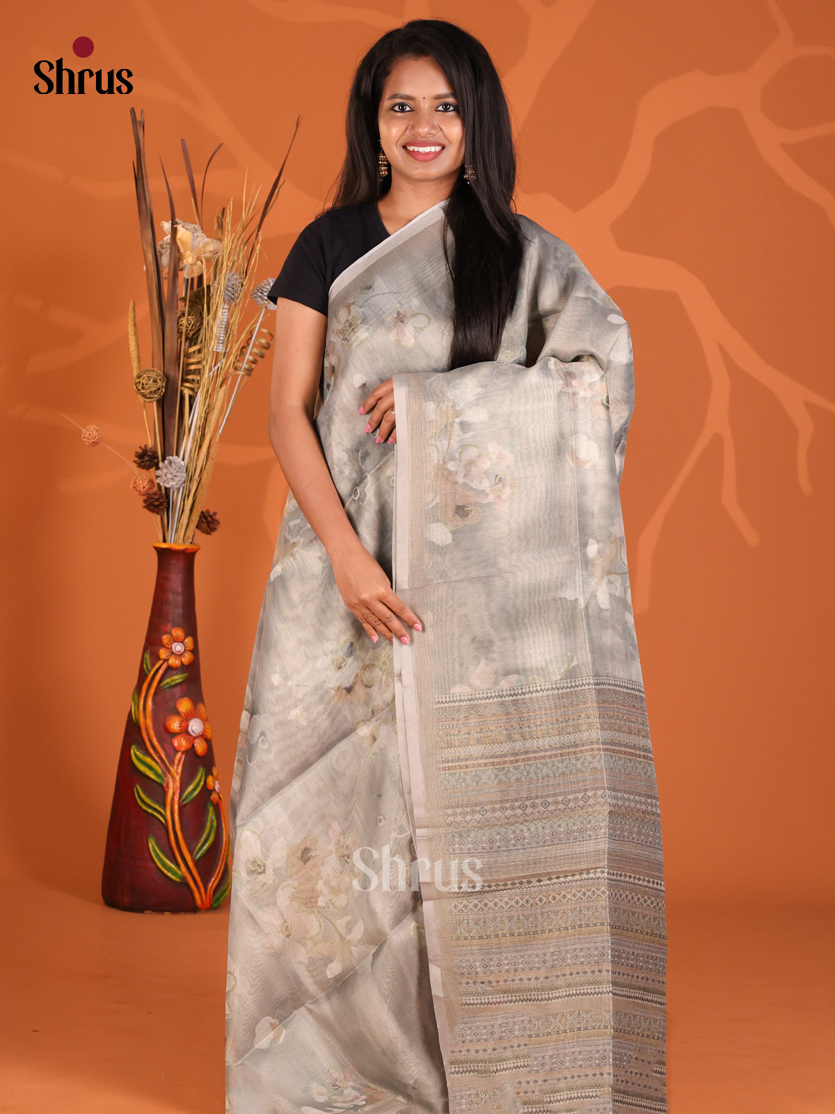 Grey - Semi Tissue Print Saree