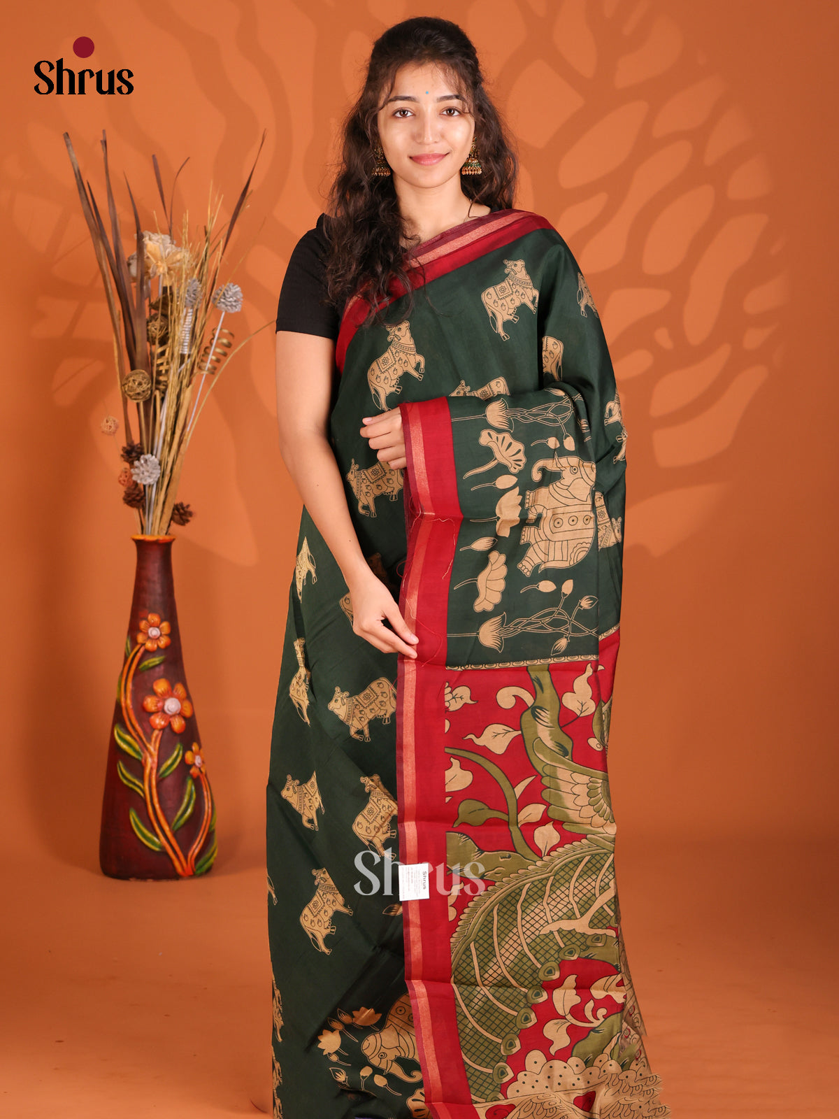 Green & Red - Semi Maheshwari Saree - Shop on Shrus.com