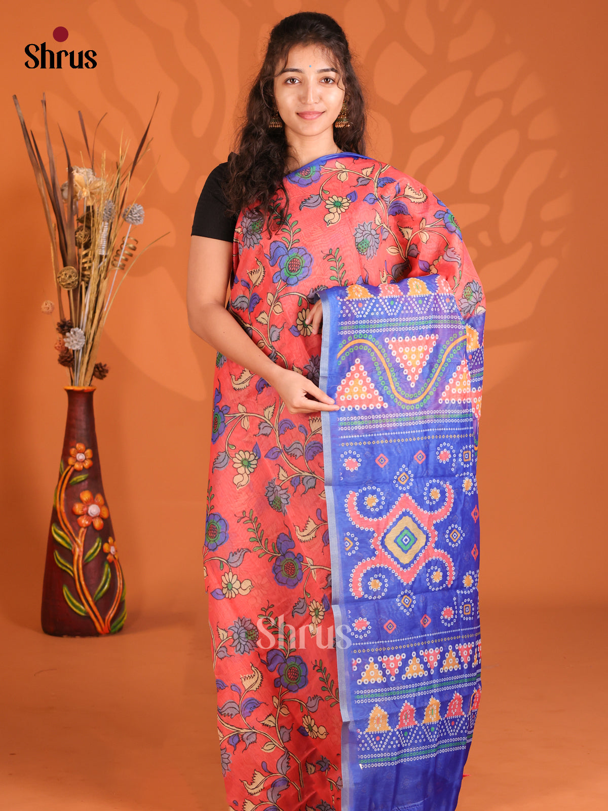 Red & Blue - Semi Maheshwari Saree - Shop on Shrus.com
