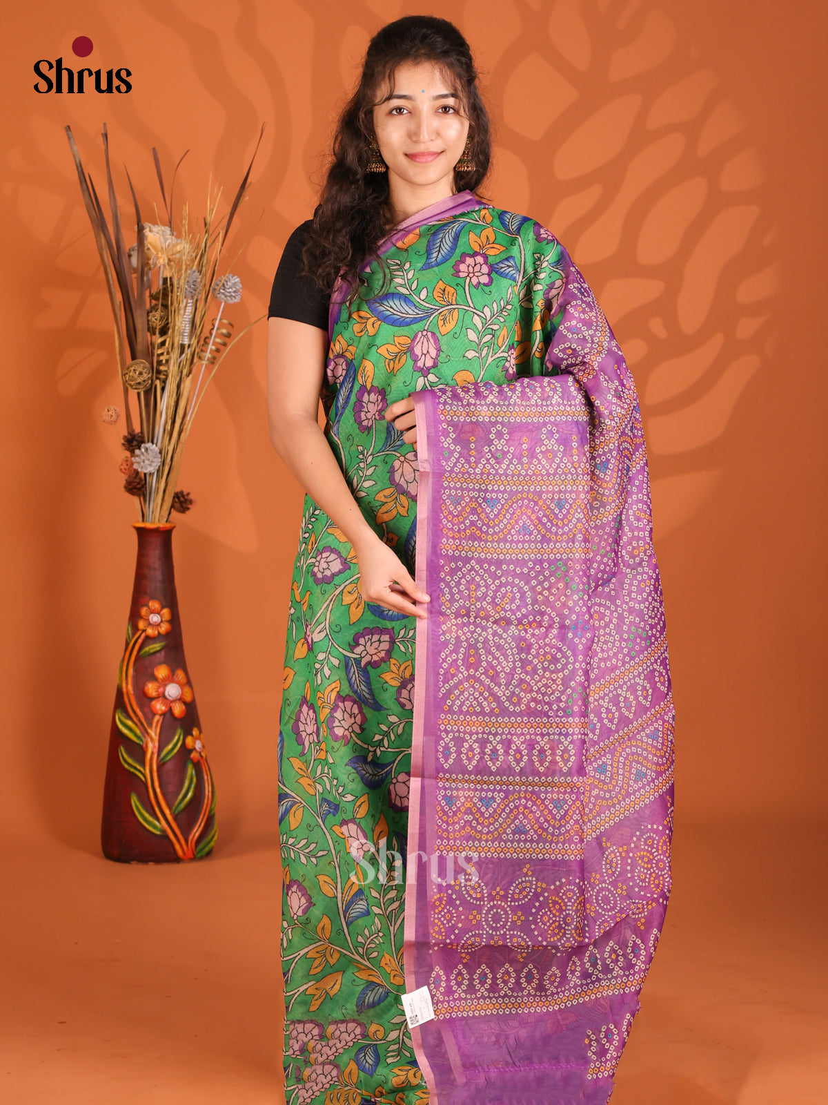 Green & Purple - Semi Maheshwari Saree - Shop on Shrus.com