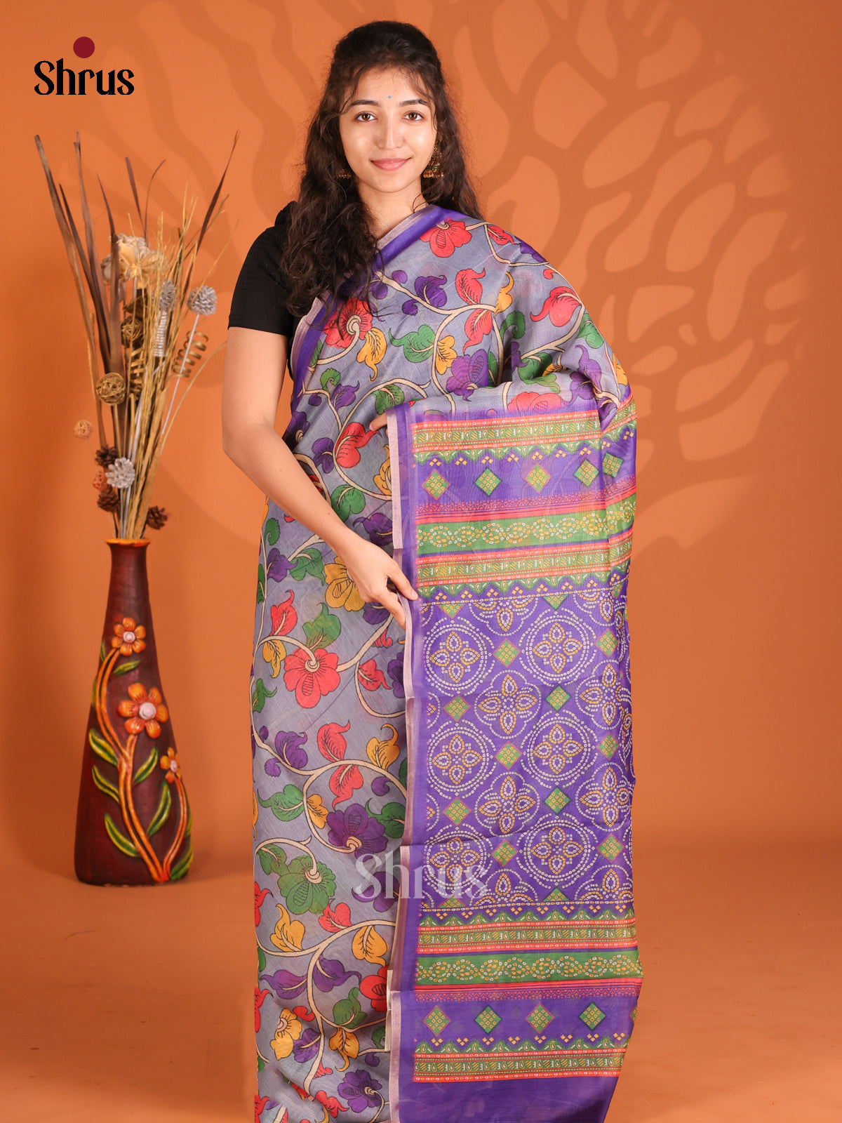 Grey & Purple - Semi Maheshwari Saree - Shop on Shrus.com
