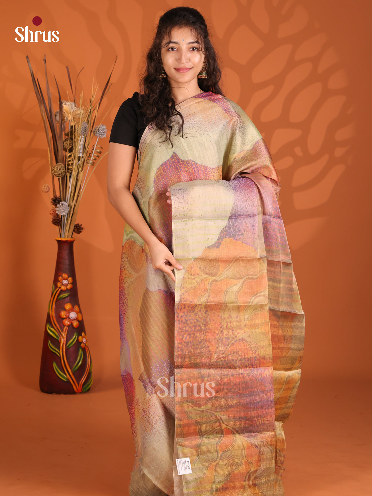 Pastel Green & Brown - Semi Tissue Print Saree