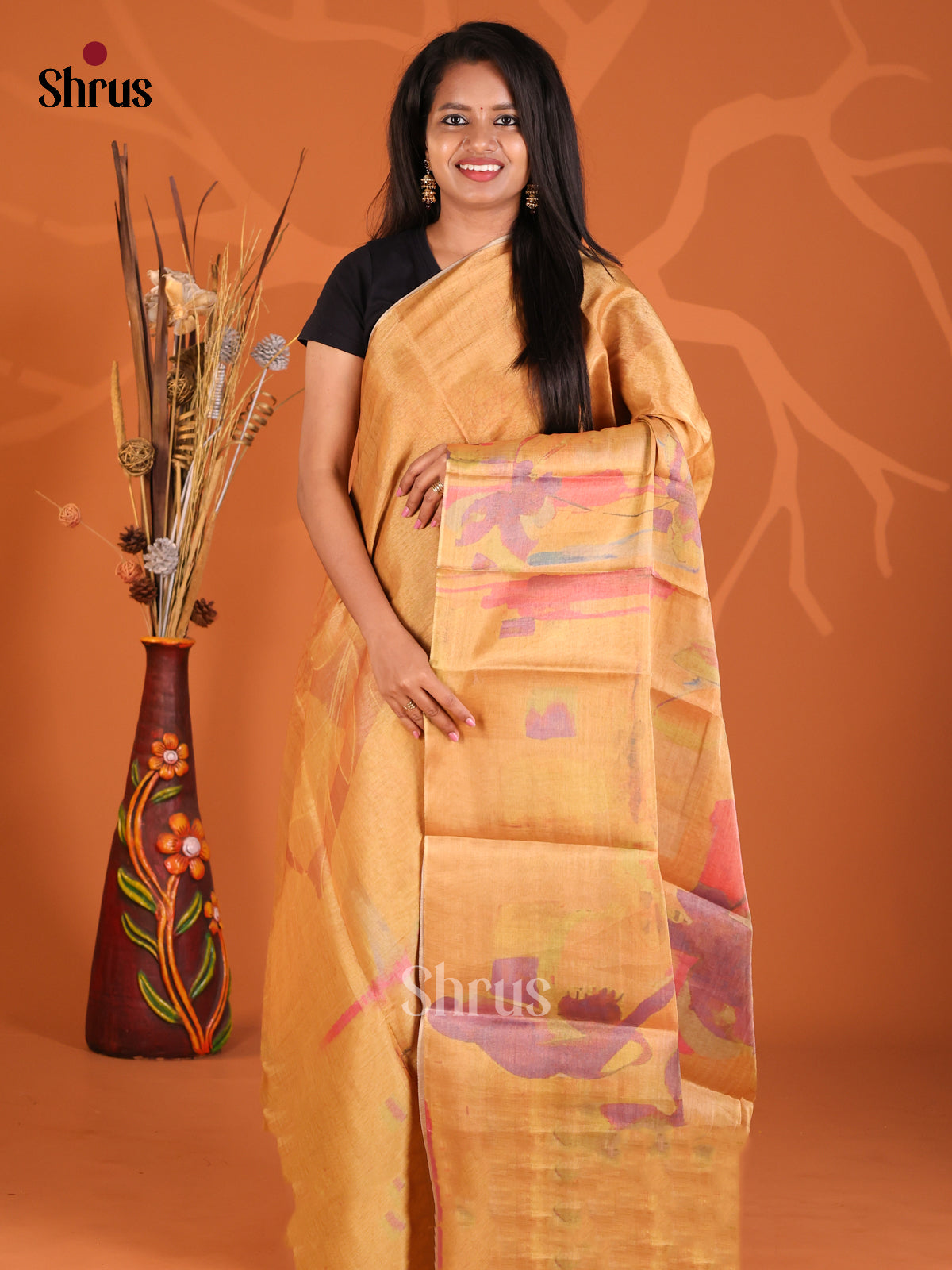 Mustard - Semi Tissue Print Saree