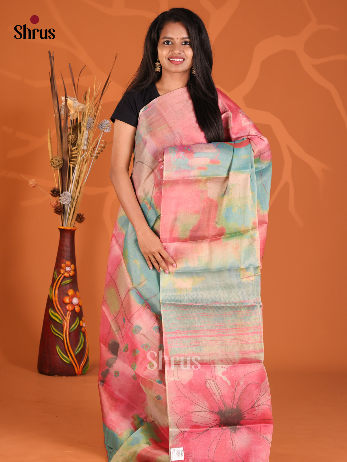 Pink - Semi Tissue Print Saree - Shop on Shrus.com
