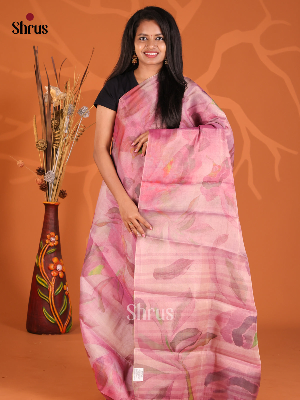 Pink- Semi Tissue Print Saree