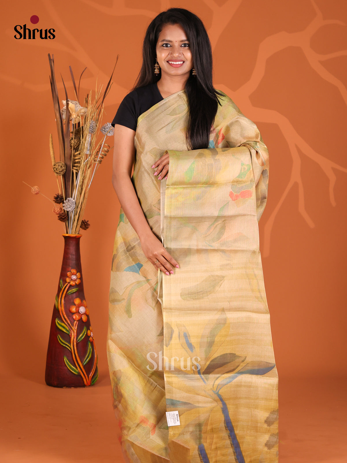 Mustardy Green - Semi Tissue Print Saree