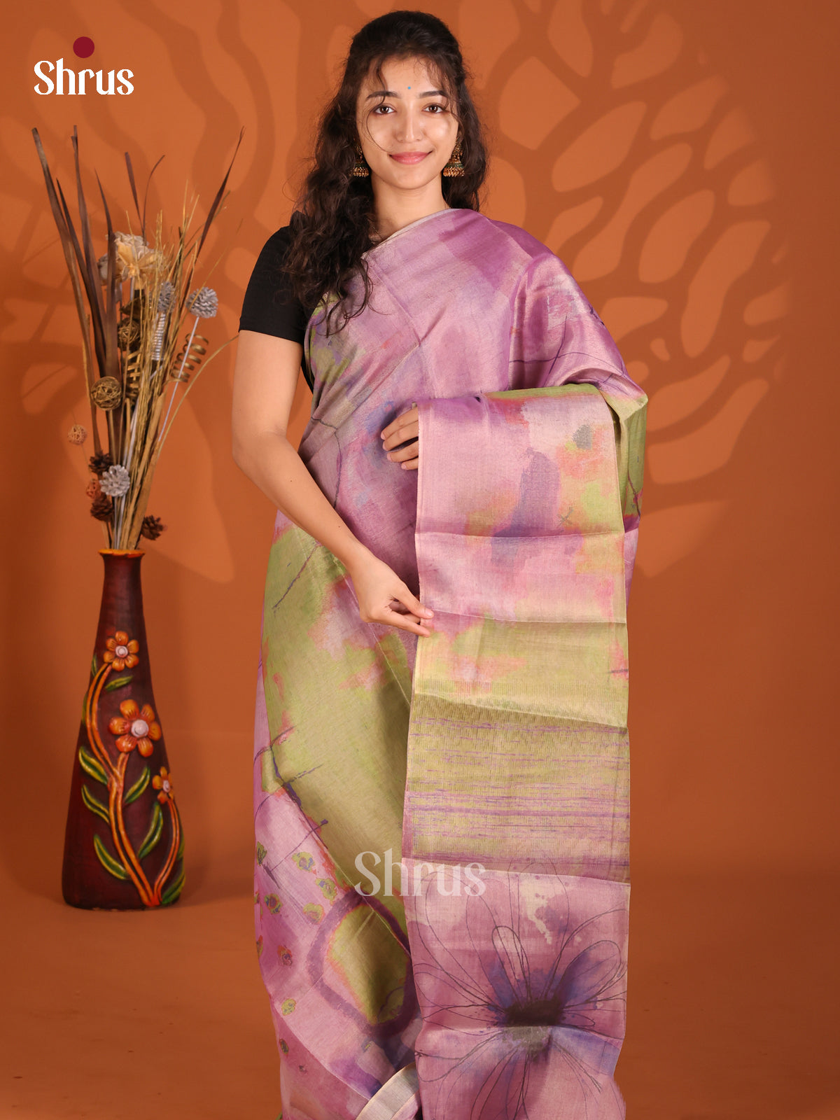 Lavender & Green - Semi Tissue Print Saree