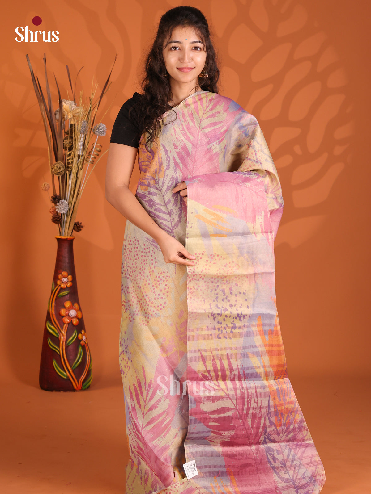 Pale Yellow & Purple - Semi Tissue Print Saree