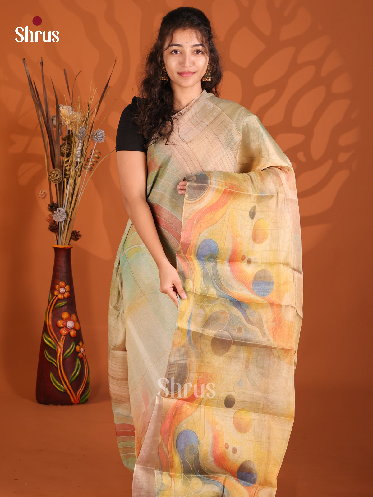 Green & Brown- Semi Tissue Print Saree