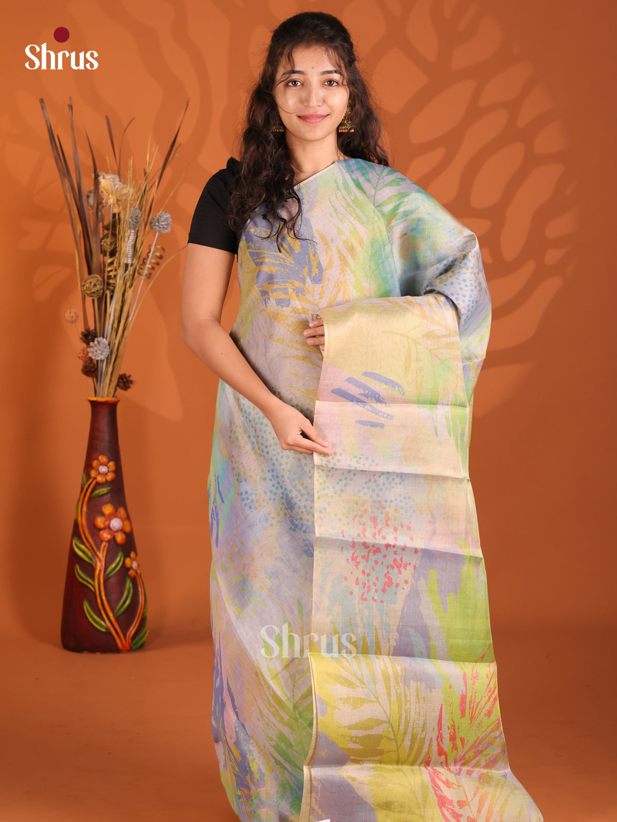 Blue & Green - Semi Tissue Print Saree