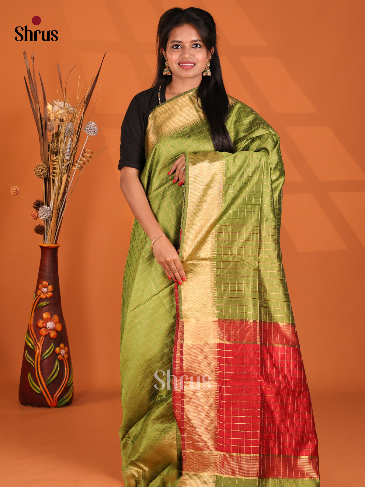 Green & Red - Semi Rawsilk Saree - Shop on Shrus.com