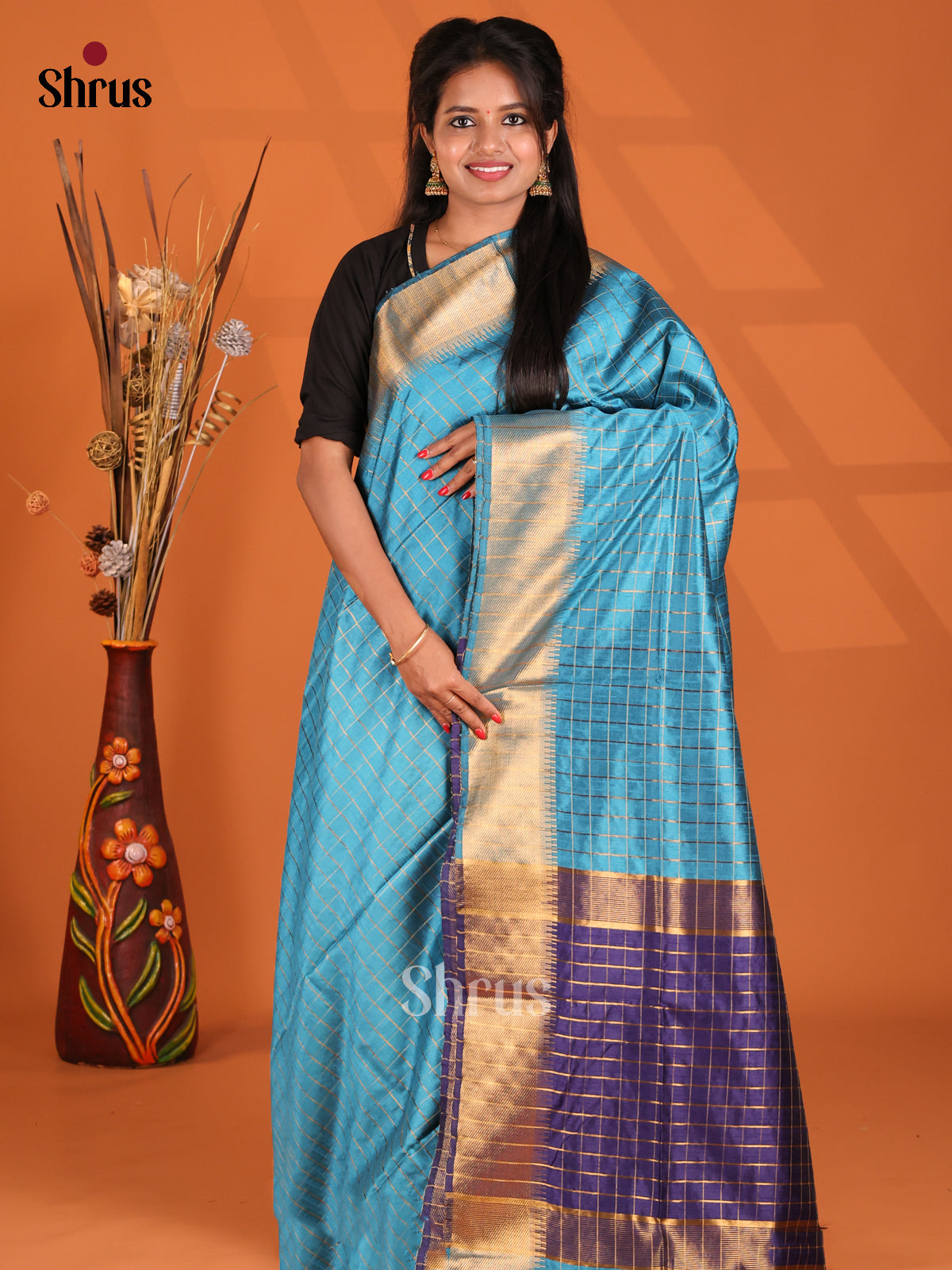 Lite Blue & Blue - Semi Rawsilk Saree - Shop on Shrus.com