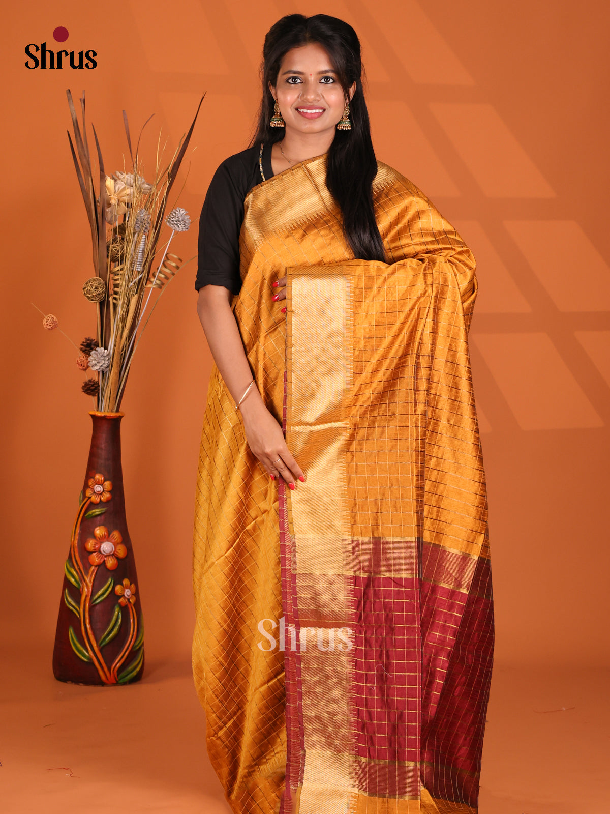Mustard & Maroon - Semi Rawsilk Saree - Shop on Shrus.com