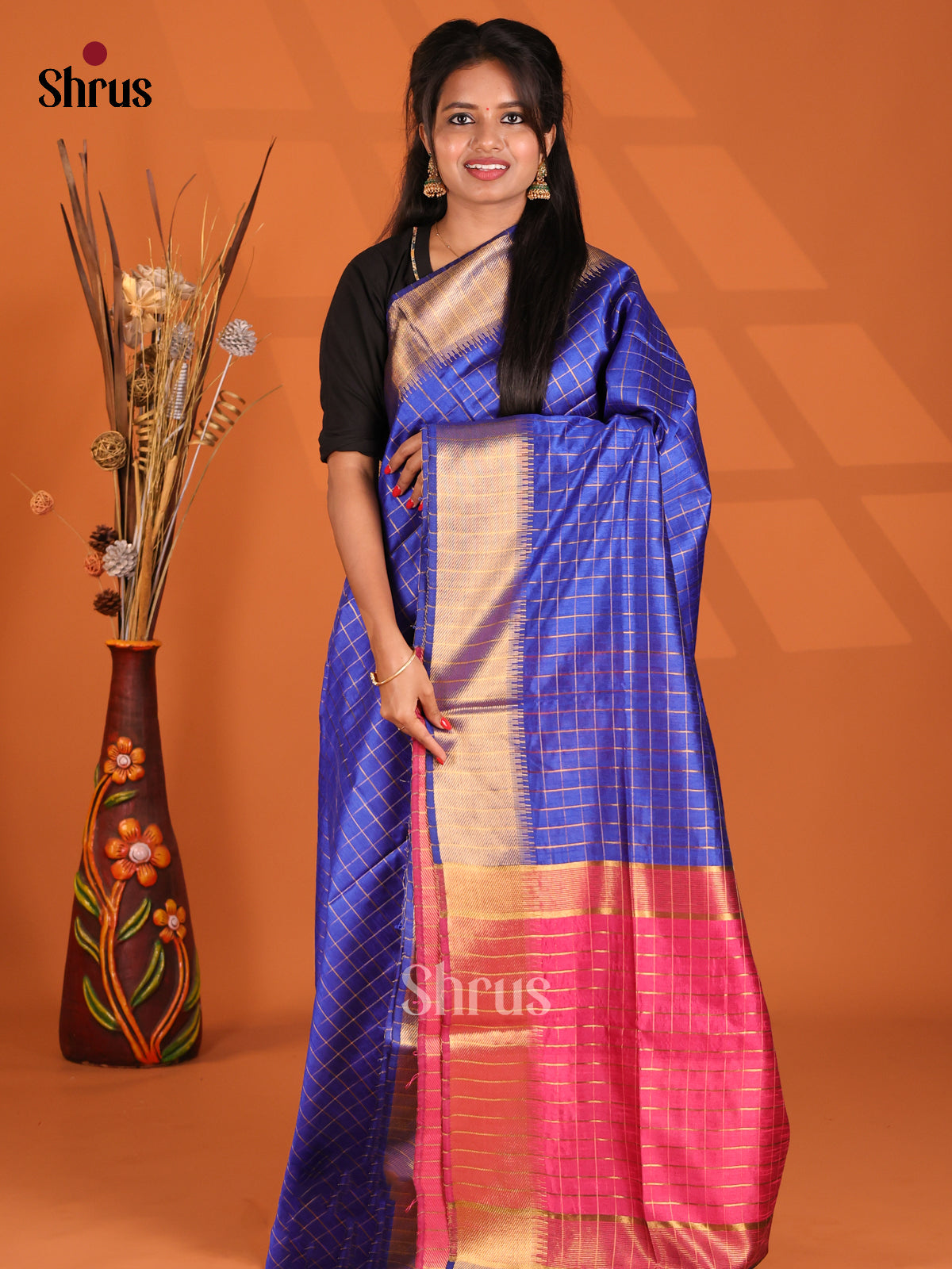 Blue & Pink - Semi Rawsilk Saree