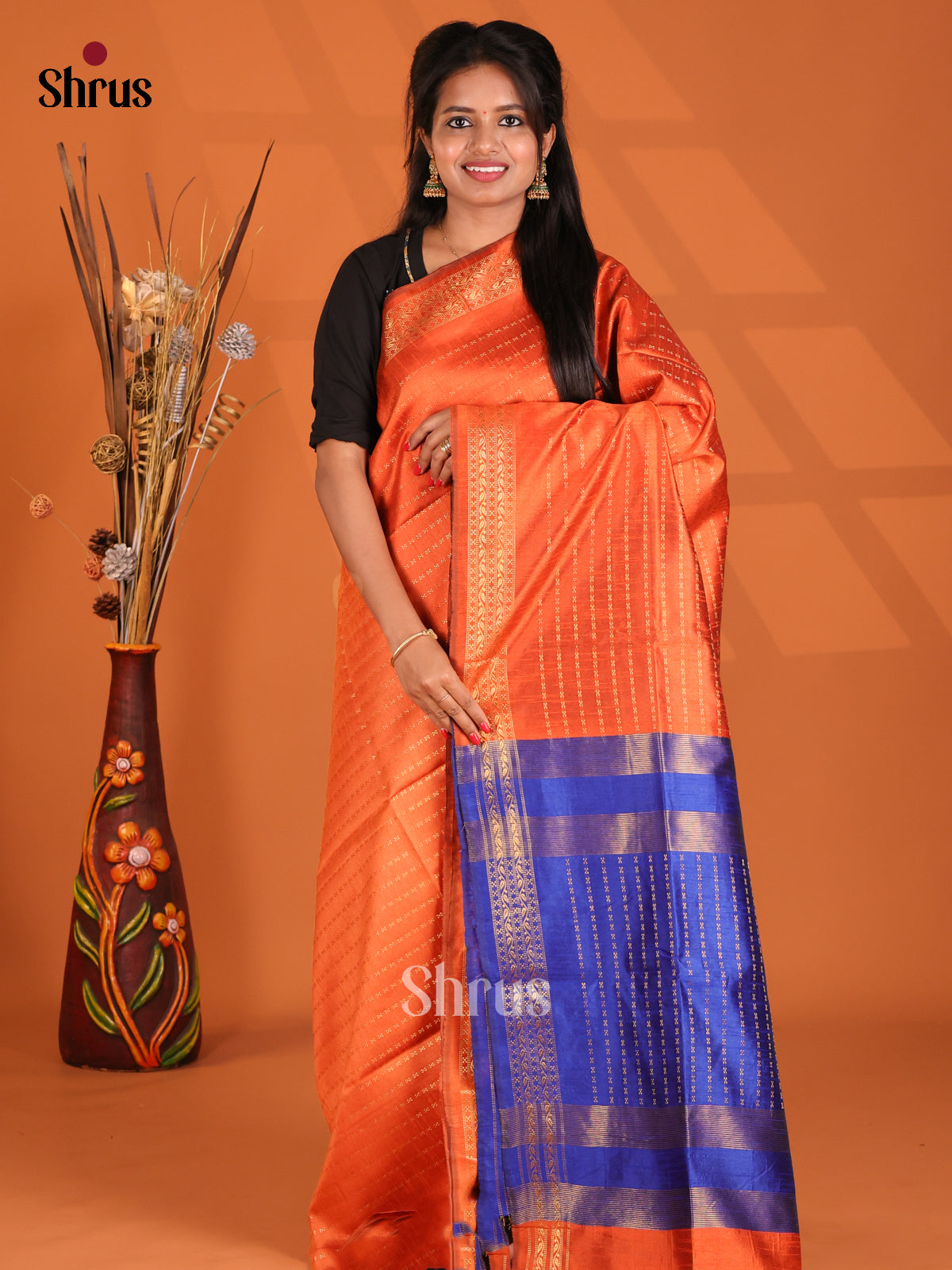 Orange & Blue- Semi Rawsilk Saree - Shop on Shrus.com