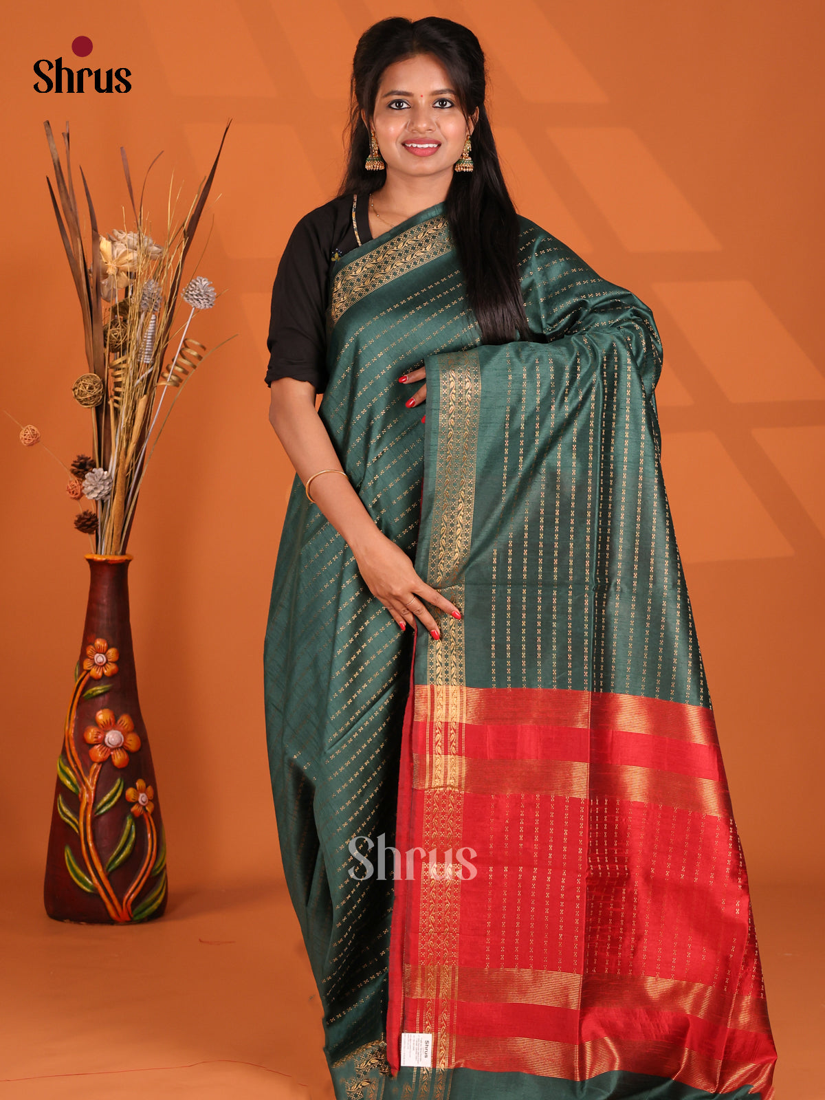 Green & Red - Semi Rawsilk Saree - Shop on Shrus.com