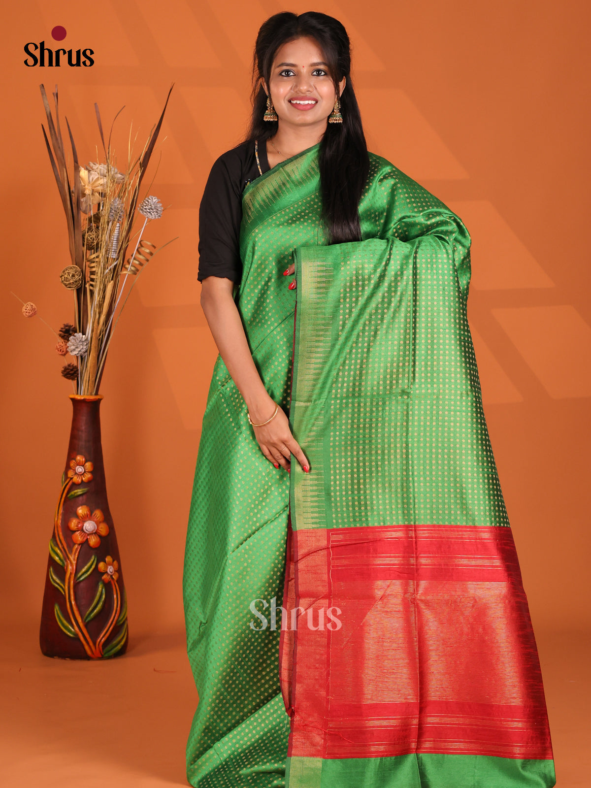 Green & Red - Semi Rawsilk Saree - Shop on Shrus.com