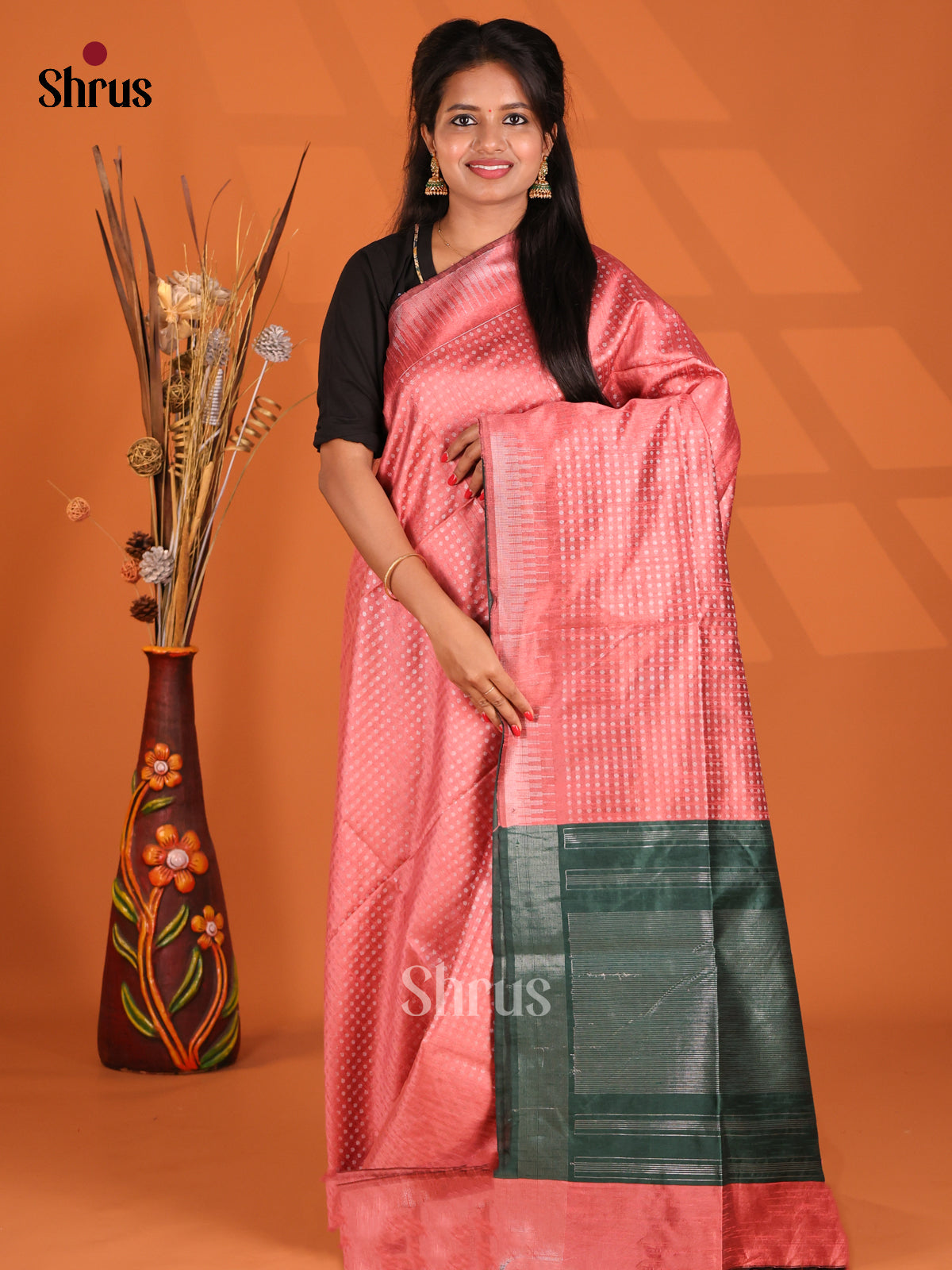 Pink & Green - Semi Rawsilk Saree - Shop on Shrus.com
