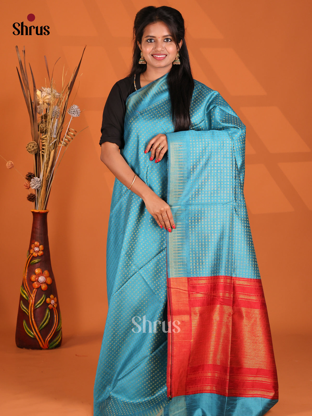 Blue & Red- Semi Rawsilk Saree