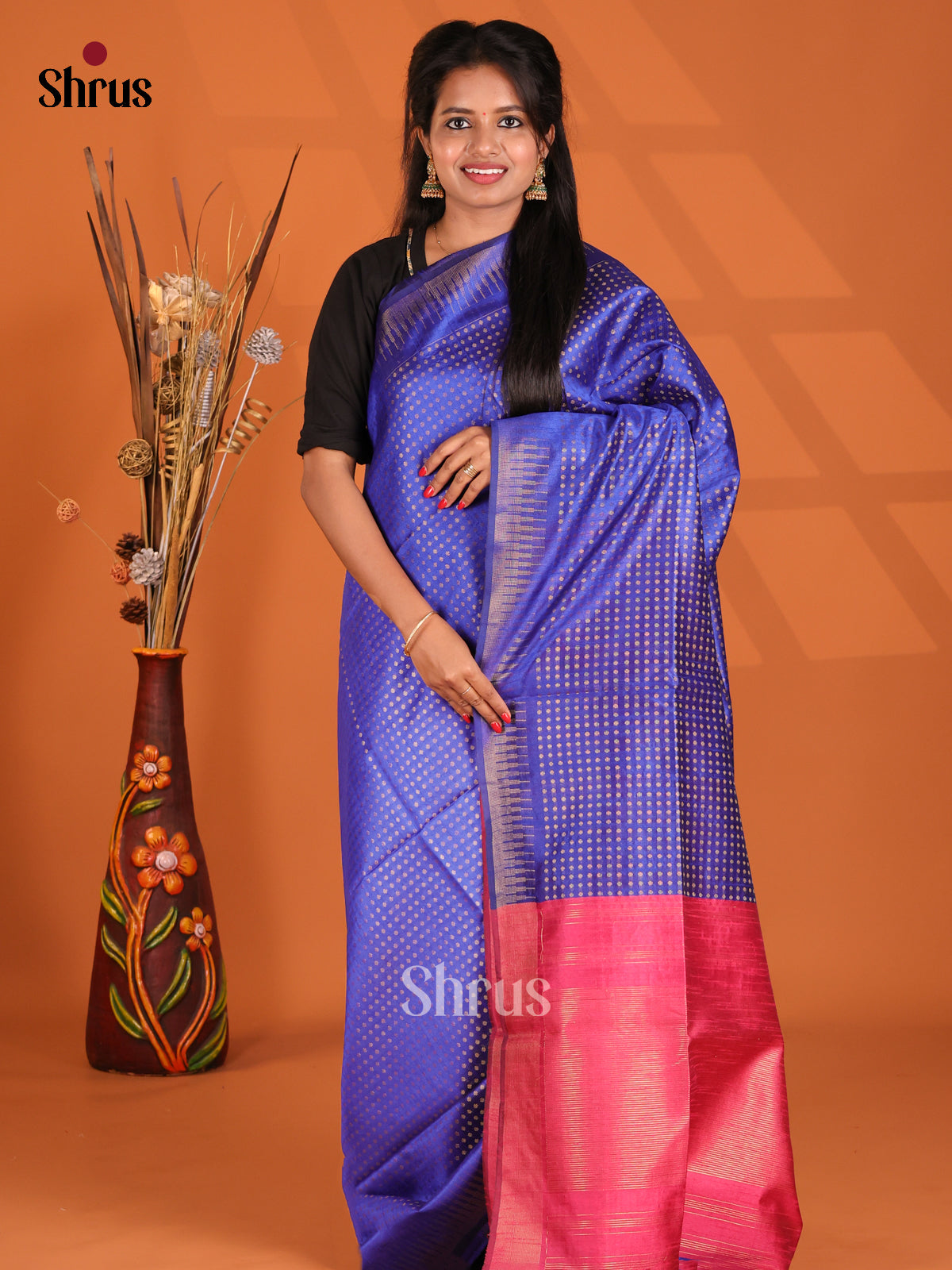 Blue & Pink - Semi Rawsilk Saree